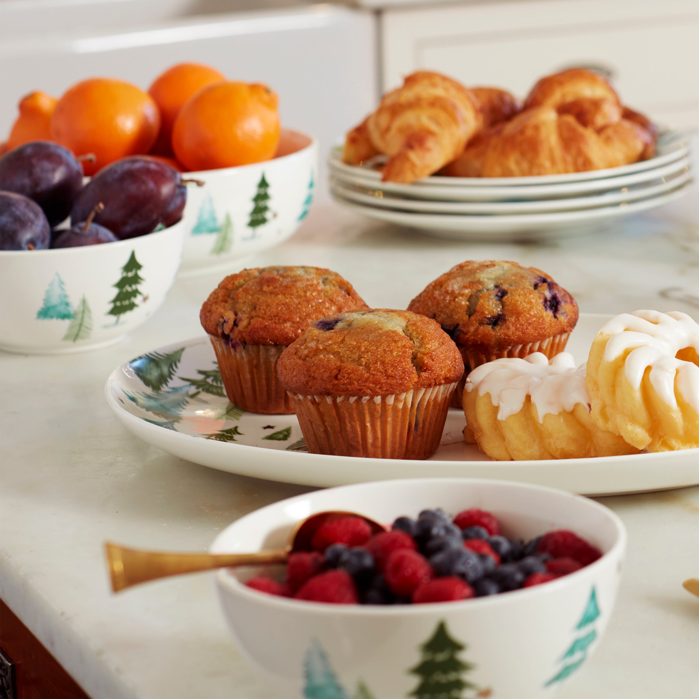 Ceramic Bowls Set of 4 with Painted Evergreens & Stars | Balsam Lane