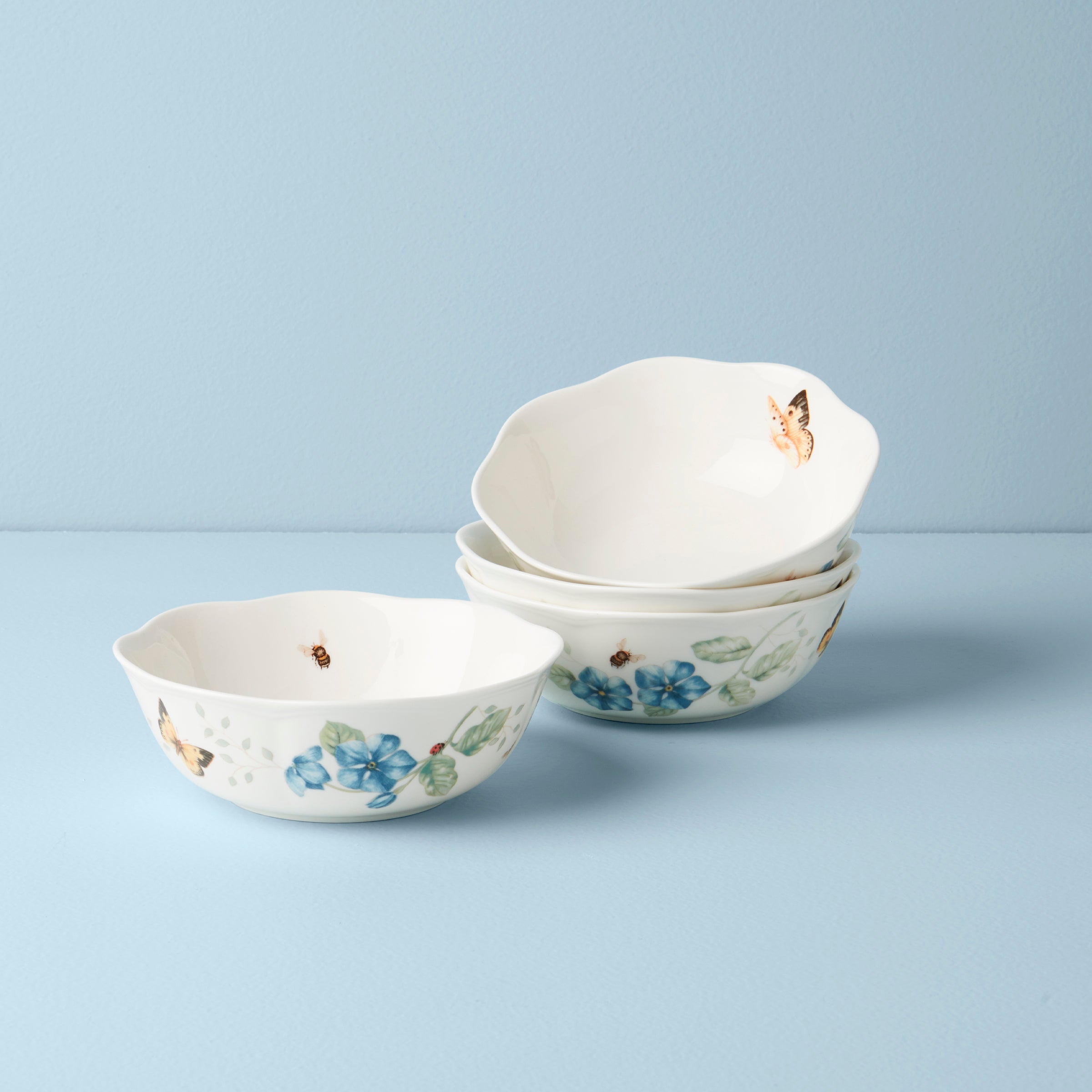 Porcelain Bowls Set of 4 with Butterfly Meadow Design | Microwave & Dishwasher Safe
