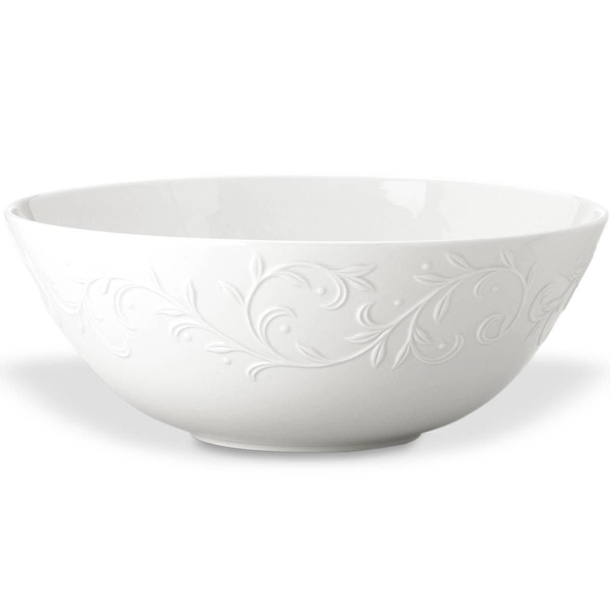 White Ceramic Serving Bowl with Carved Scroll Design | Opal Innocence