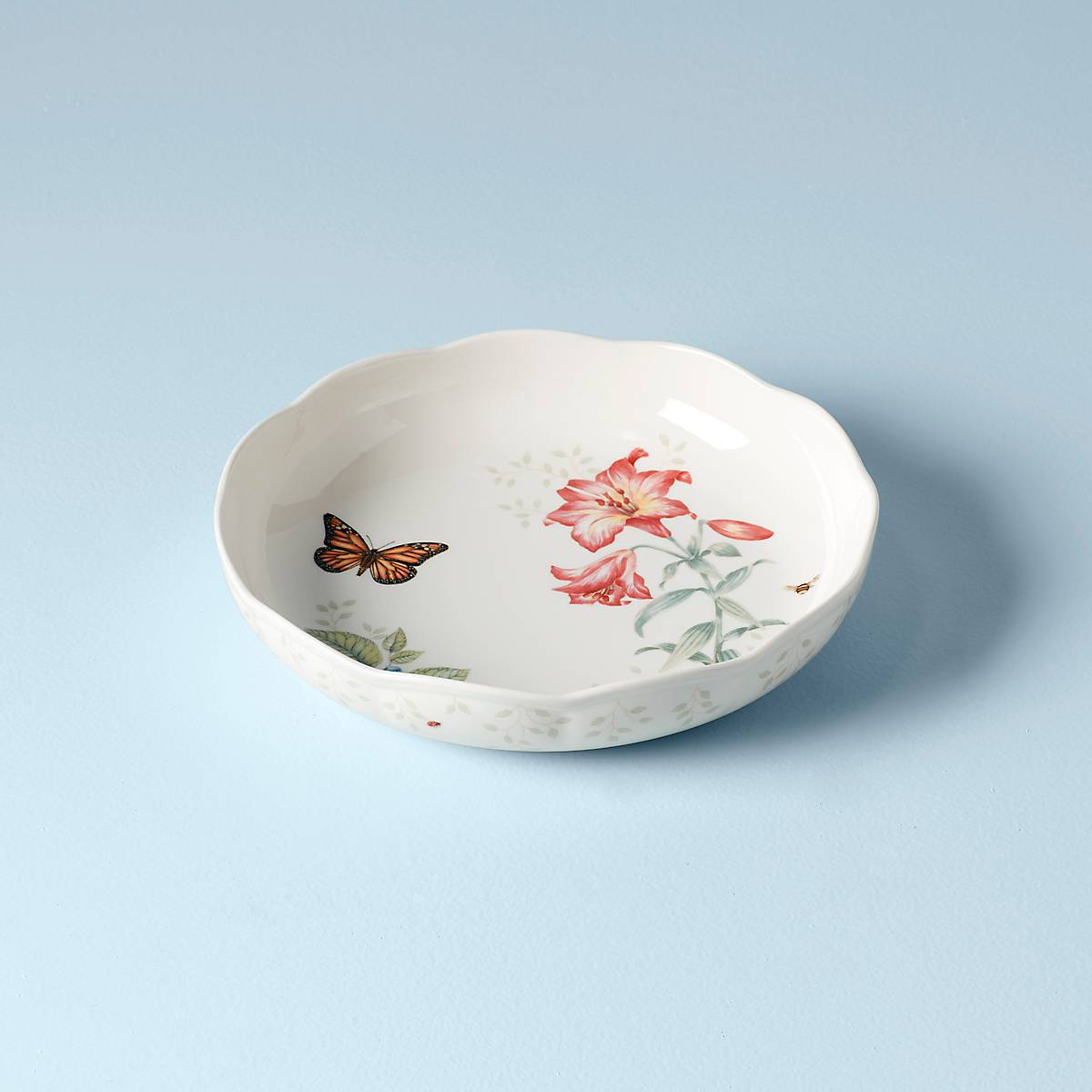 Butterfly Meadow Ceramic Serving Bowl | Floral & Scalloped Rim Design