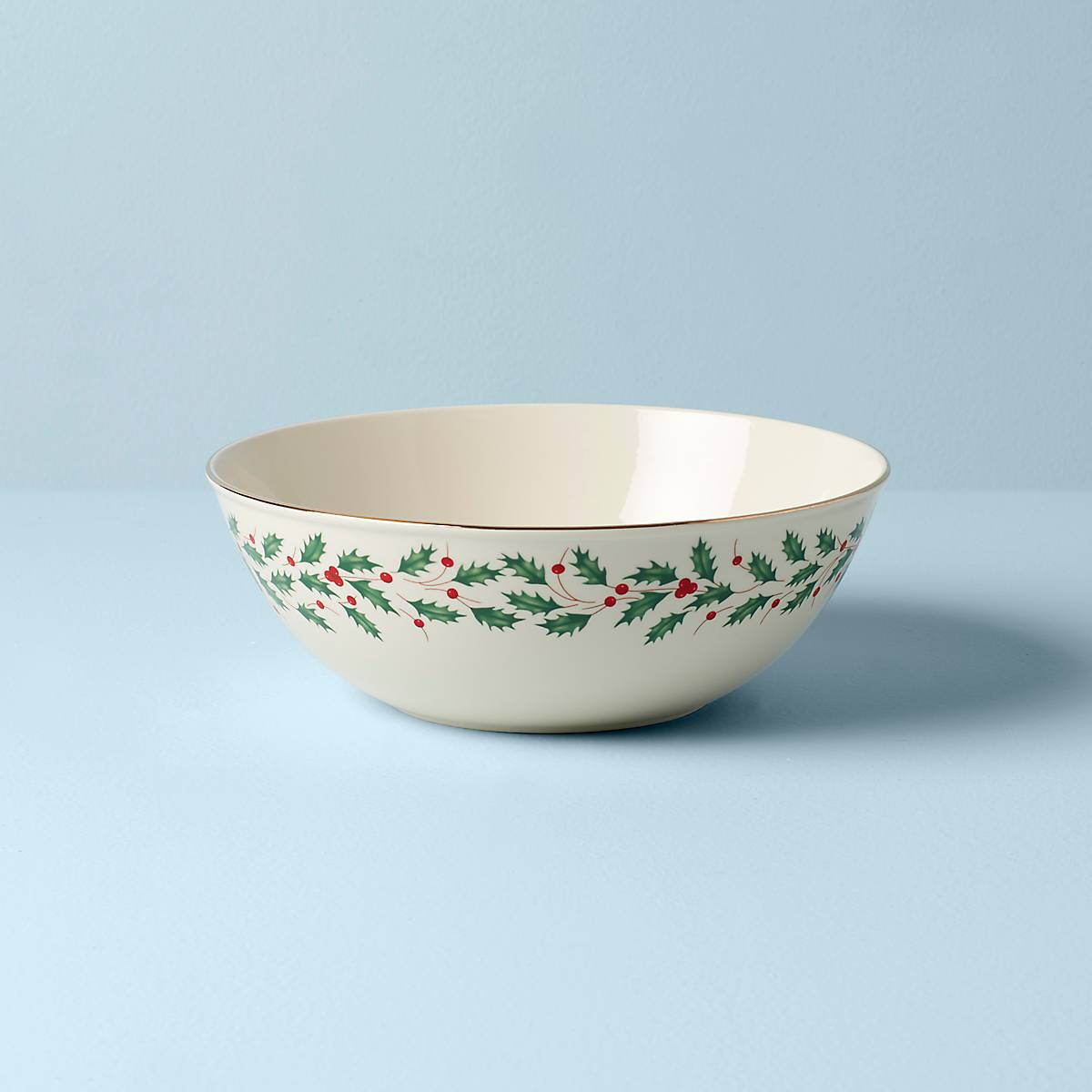 Holiday Porcelain Serving Bowl with Gold Trim & Festive Motif