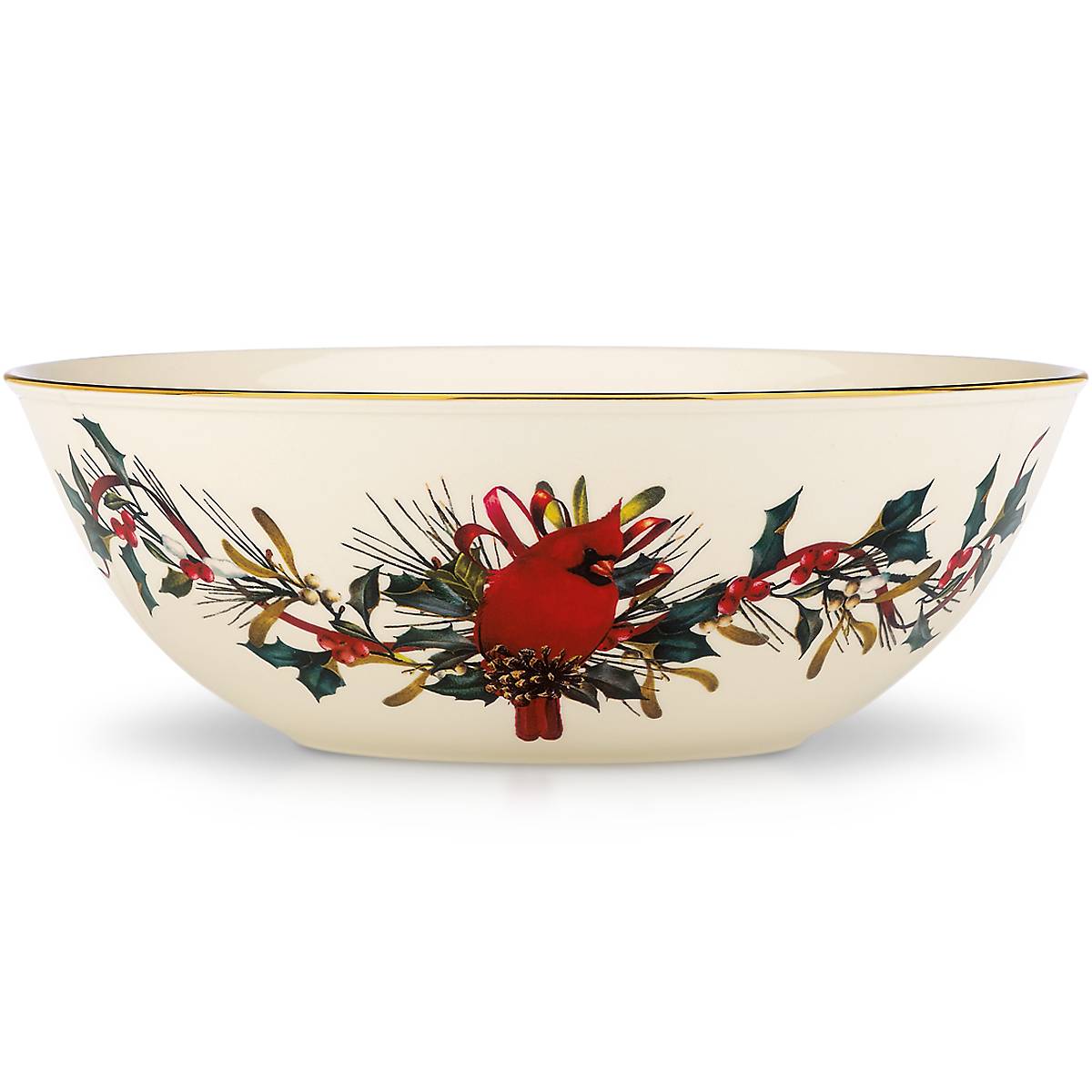 Winter Serving Bowl with Gold Accents & Cardinal Design | Holiday Tableware