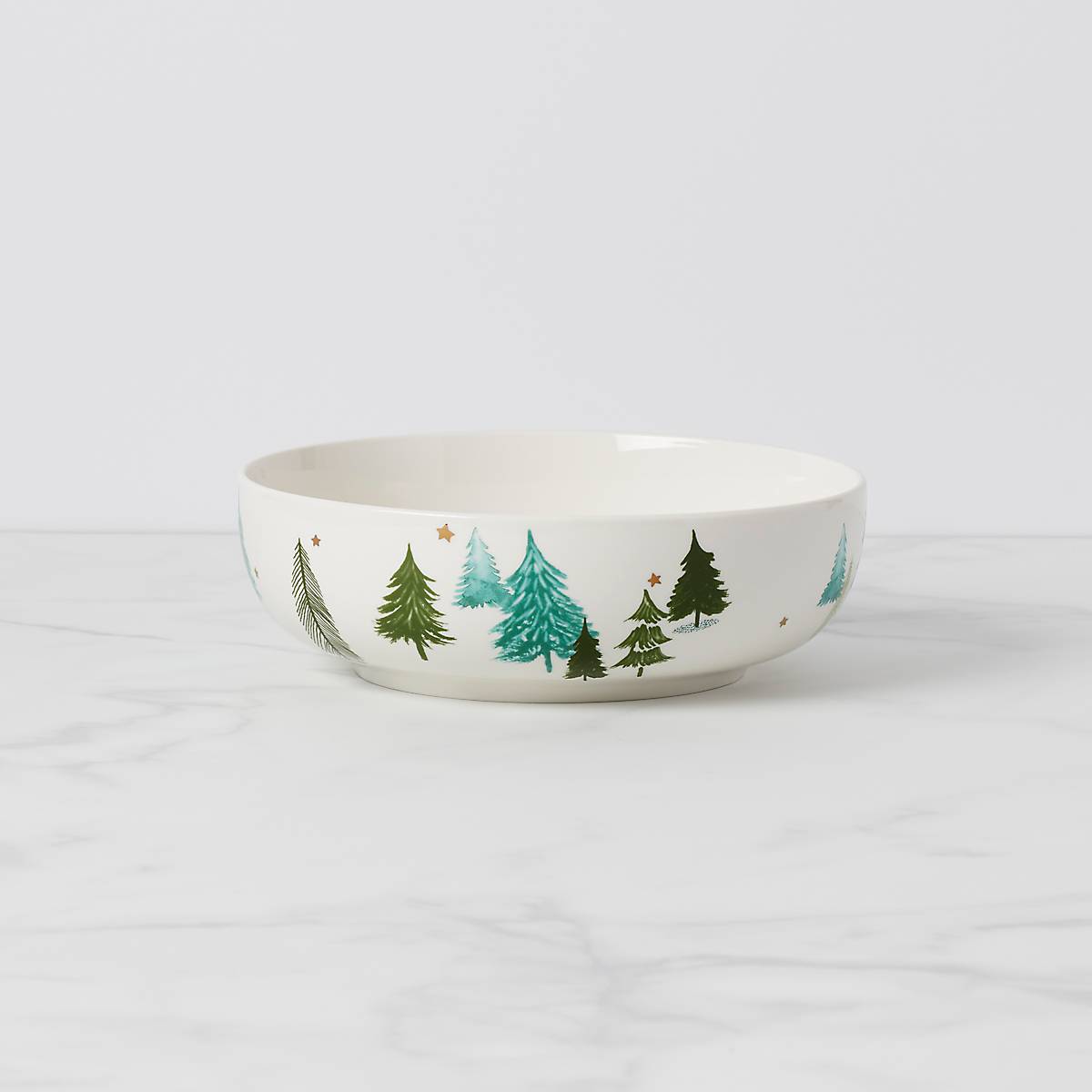 Porcelain Serving Bowl with Evergreen Trees & Metallic Stars | Balsam Lane