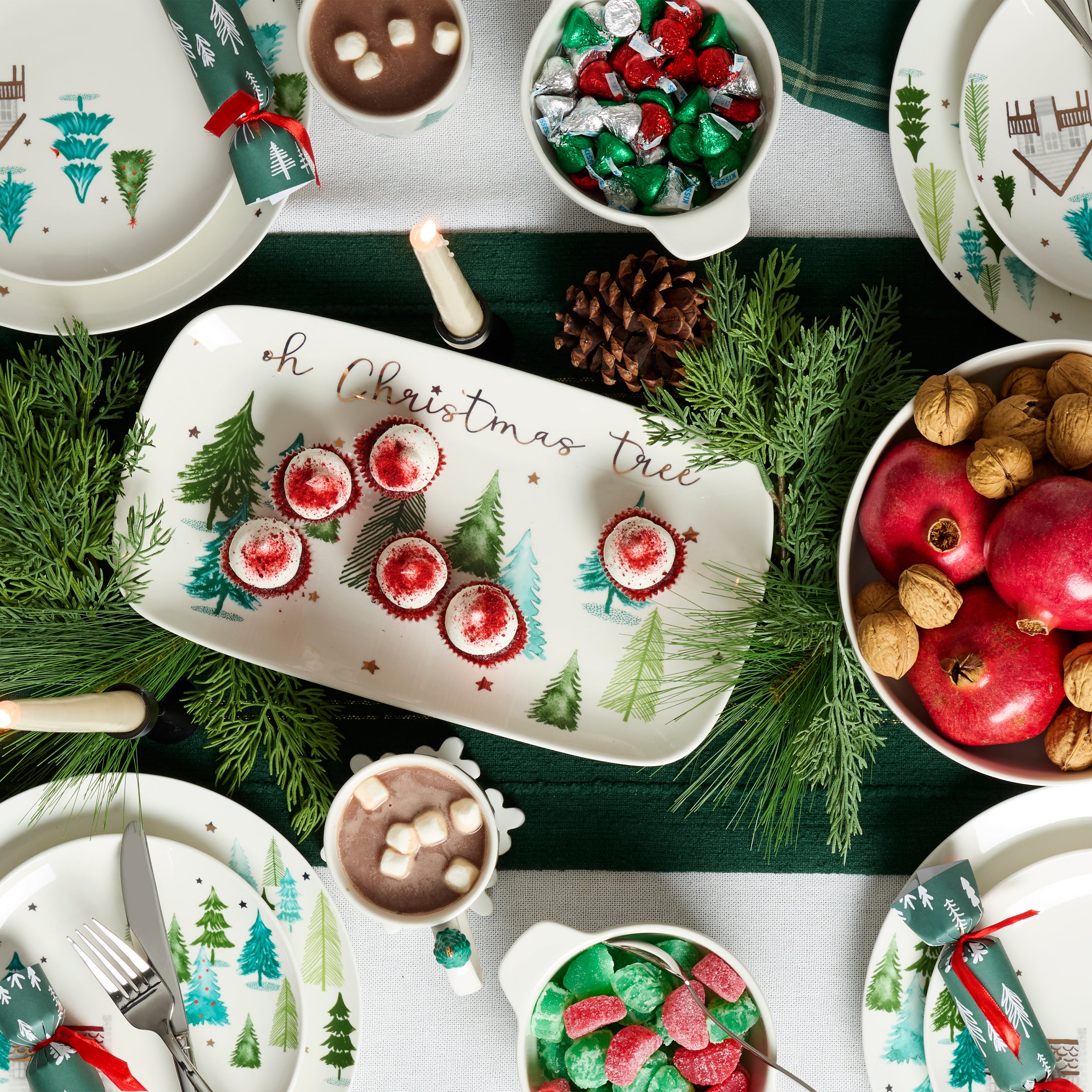 Porcelain Serving Bowl with Evergreen Trees & Metallic Stars | Balsam Lane