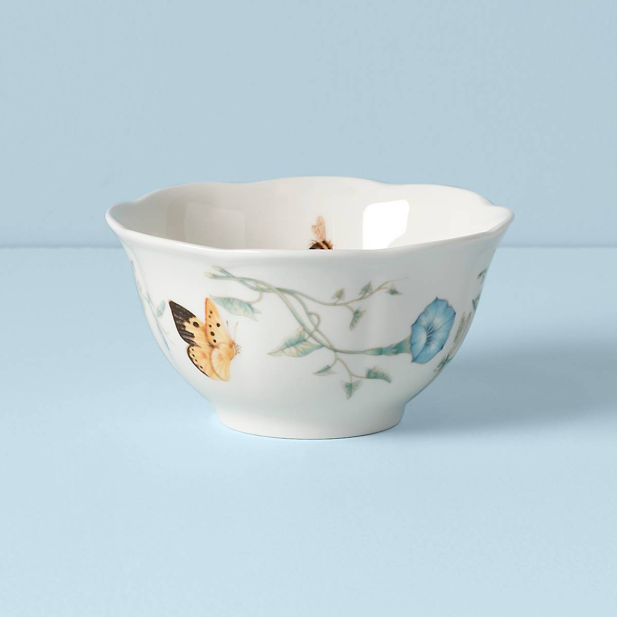 Floral Ceramic Rice Bowl with Scalloped Rim | Butterfly Meadow