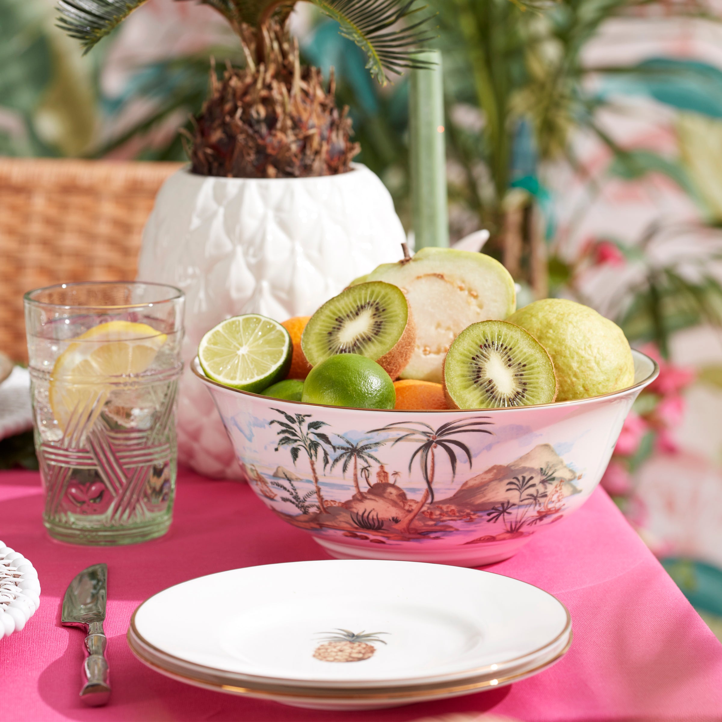 British Colonial Porcelain Serving Bowl with Tropical Design | Microwave & Dishwasher Safe
