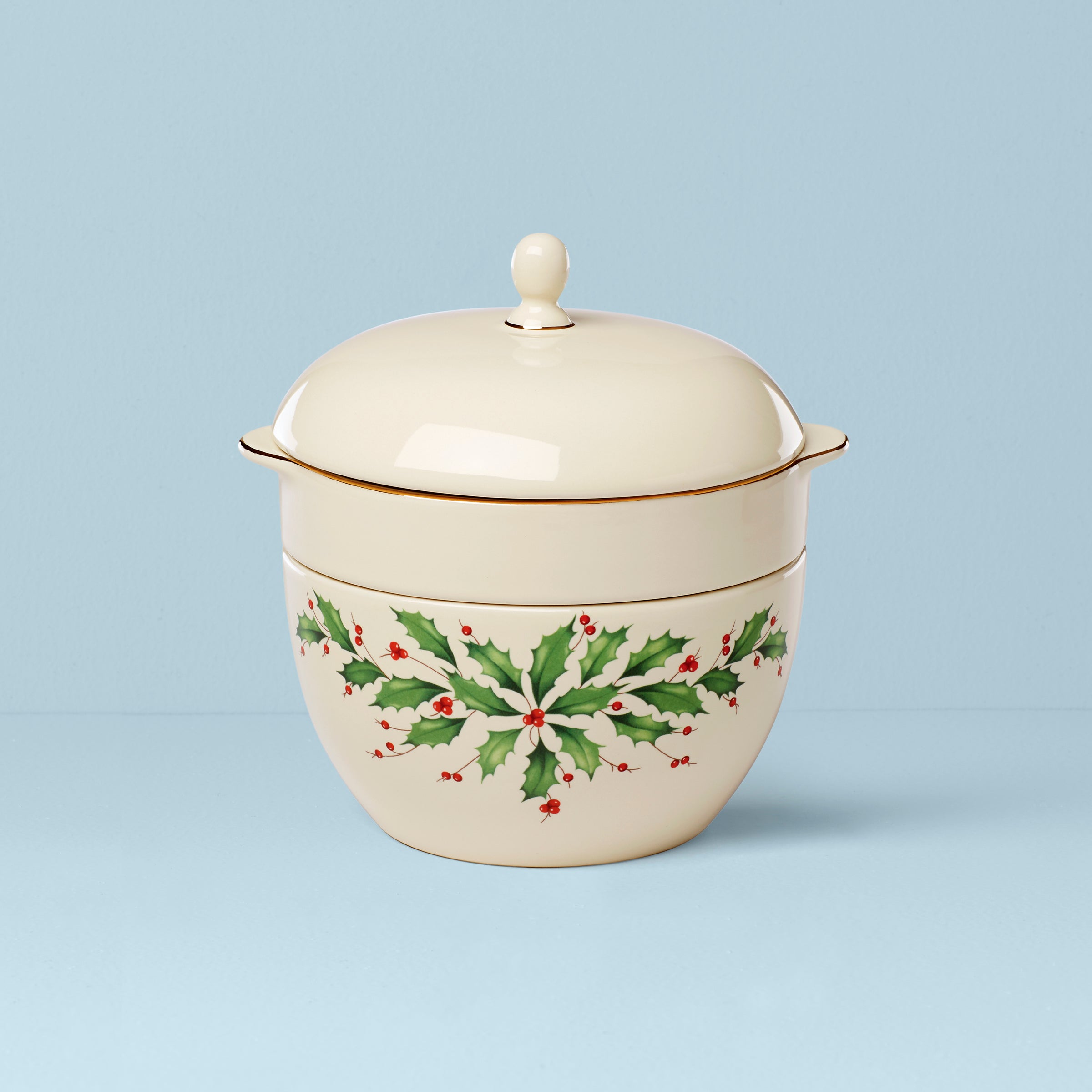 Holiday Stoneware Bowl Set with Holly & Berries Design | Gold Rim