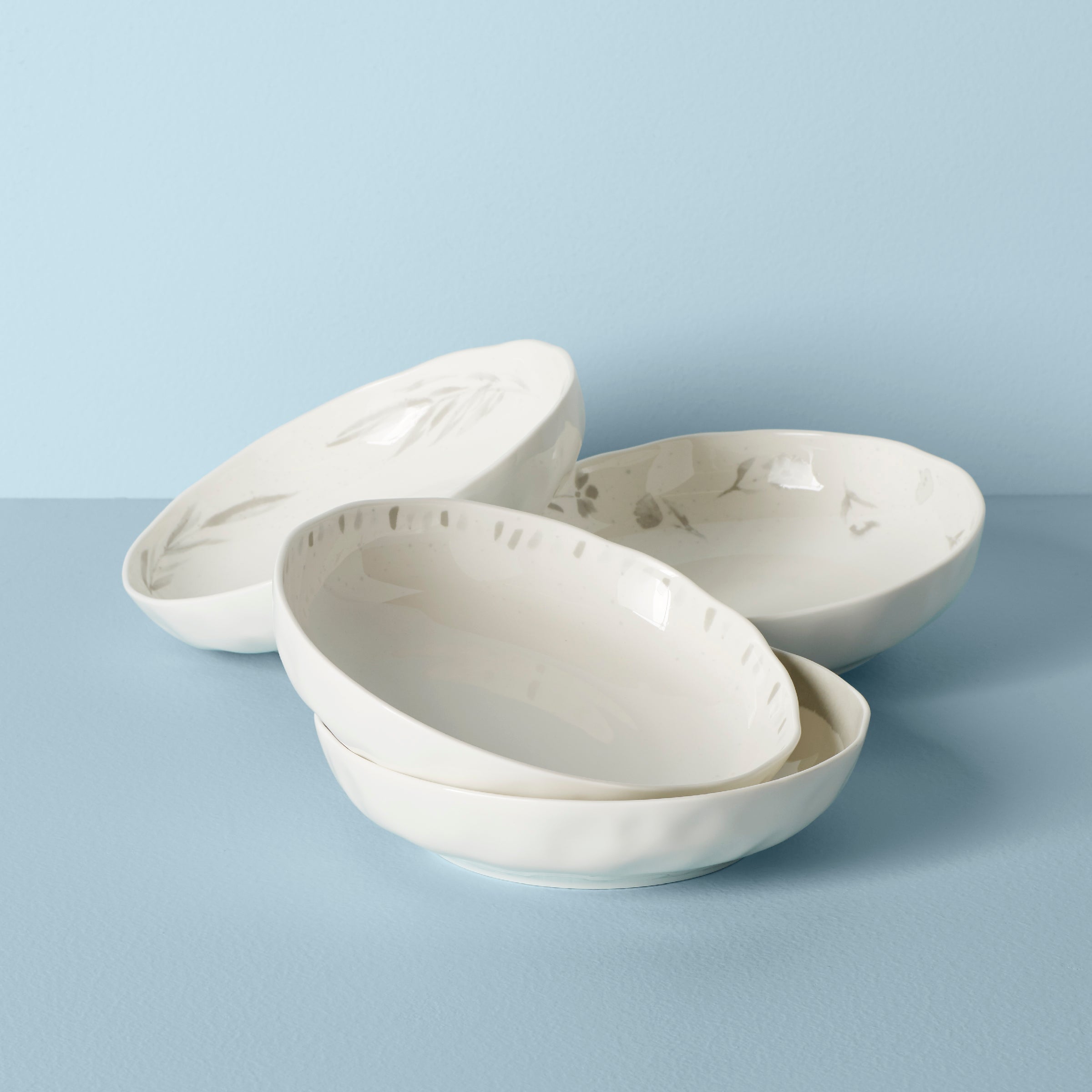 Porcelain Pasta Bowls Set of 4 with Gray Accents | Oyster Bay