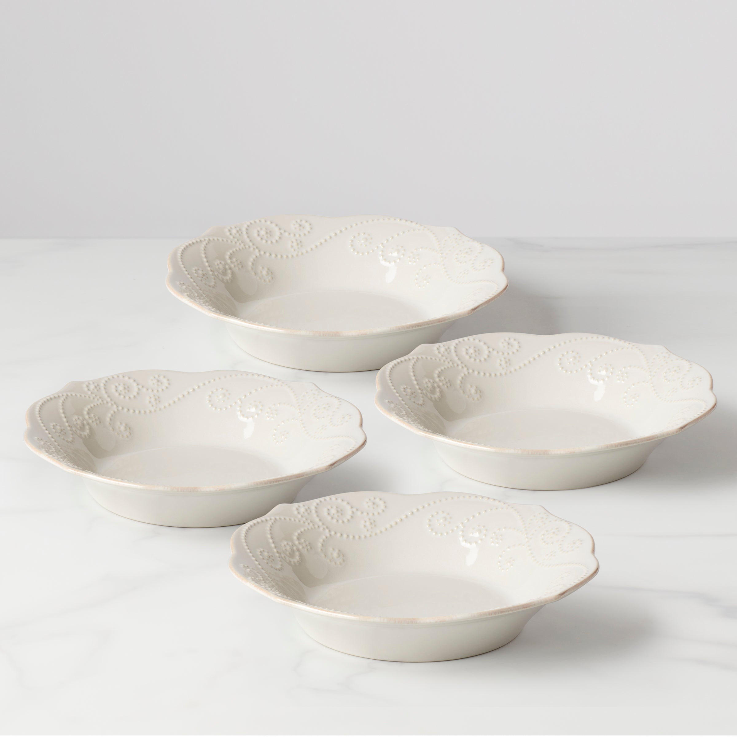 Stoneware Pasta Bowls Set of 4 with Scalloped Rim | French Perle