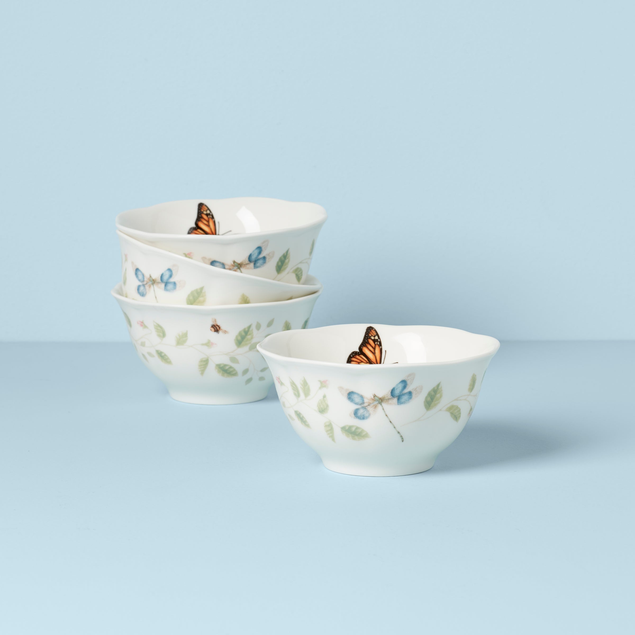 Ceramic Rice Bowls Set of 4 with Butterfly Meadow Design | Scalloped Edges