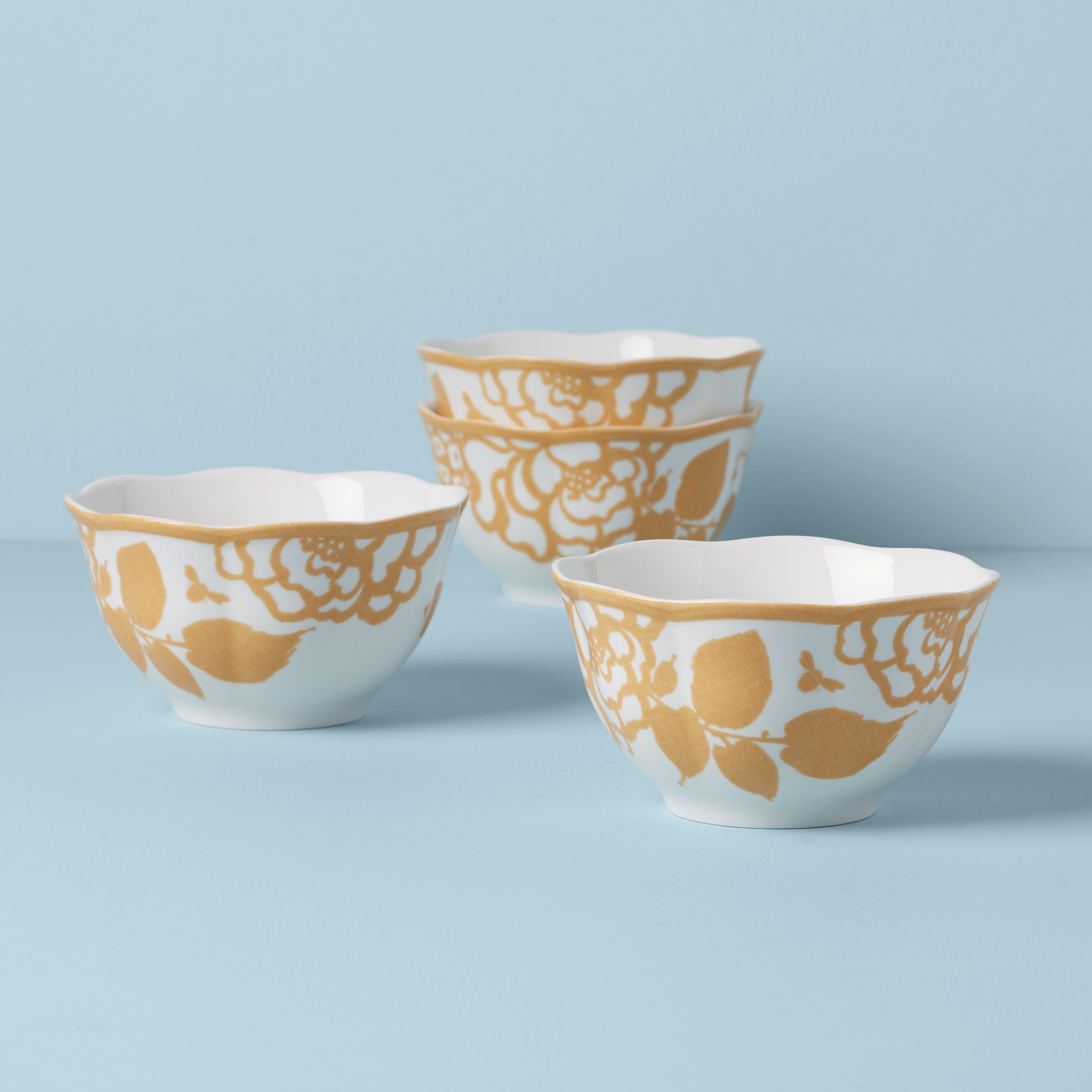 Goldenrod Rice Bowls Set of 4 with Floral Cottagecore Design | Butterfly Meadow