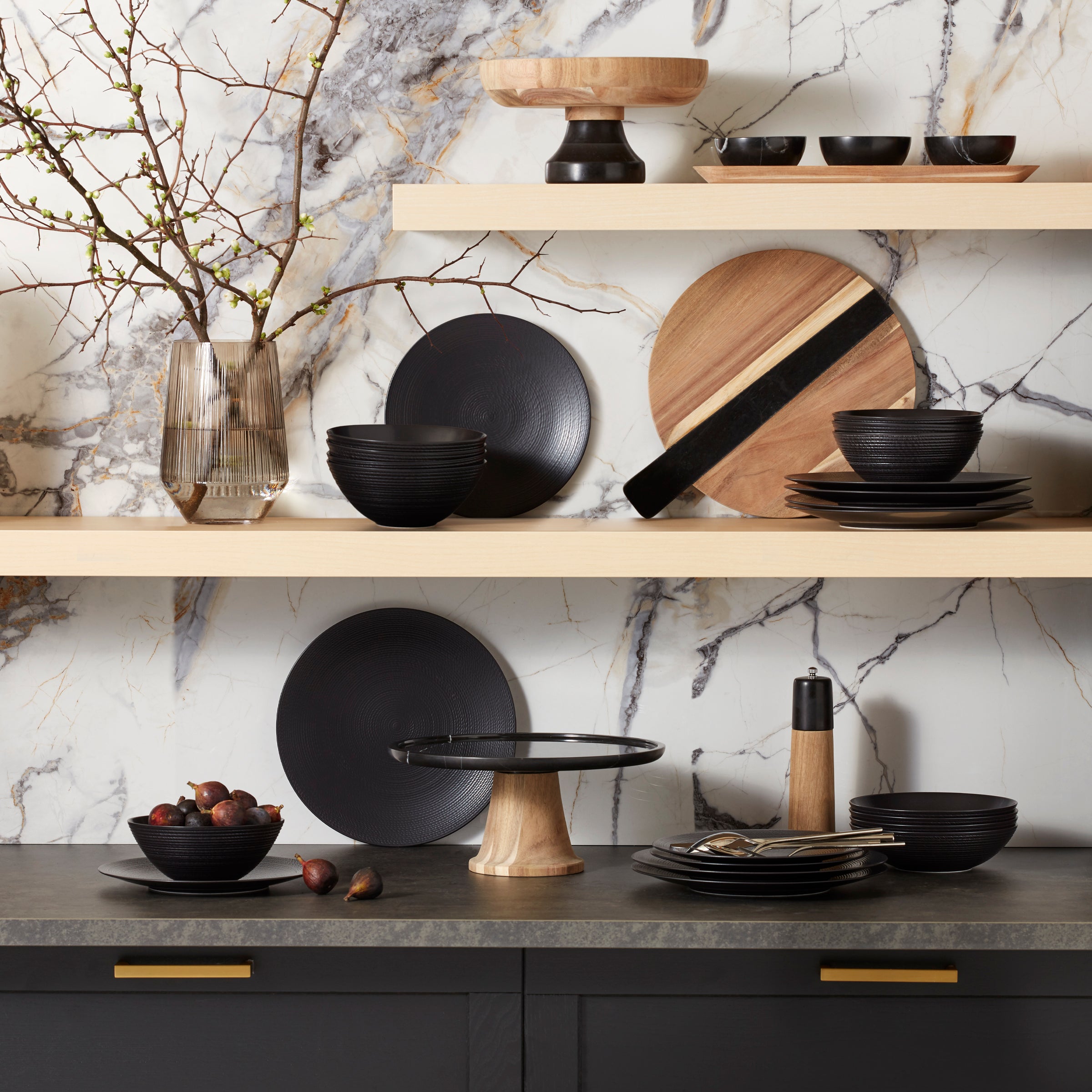 Footed Serving Bowl with Marble Base & Wooden Top | LX Collective