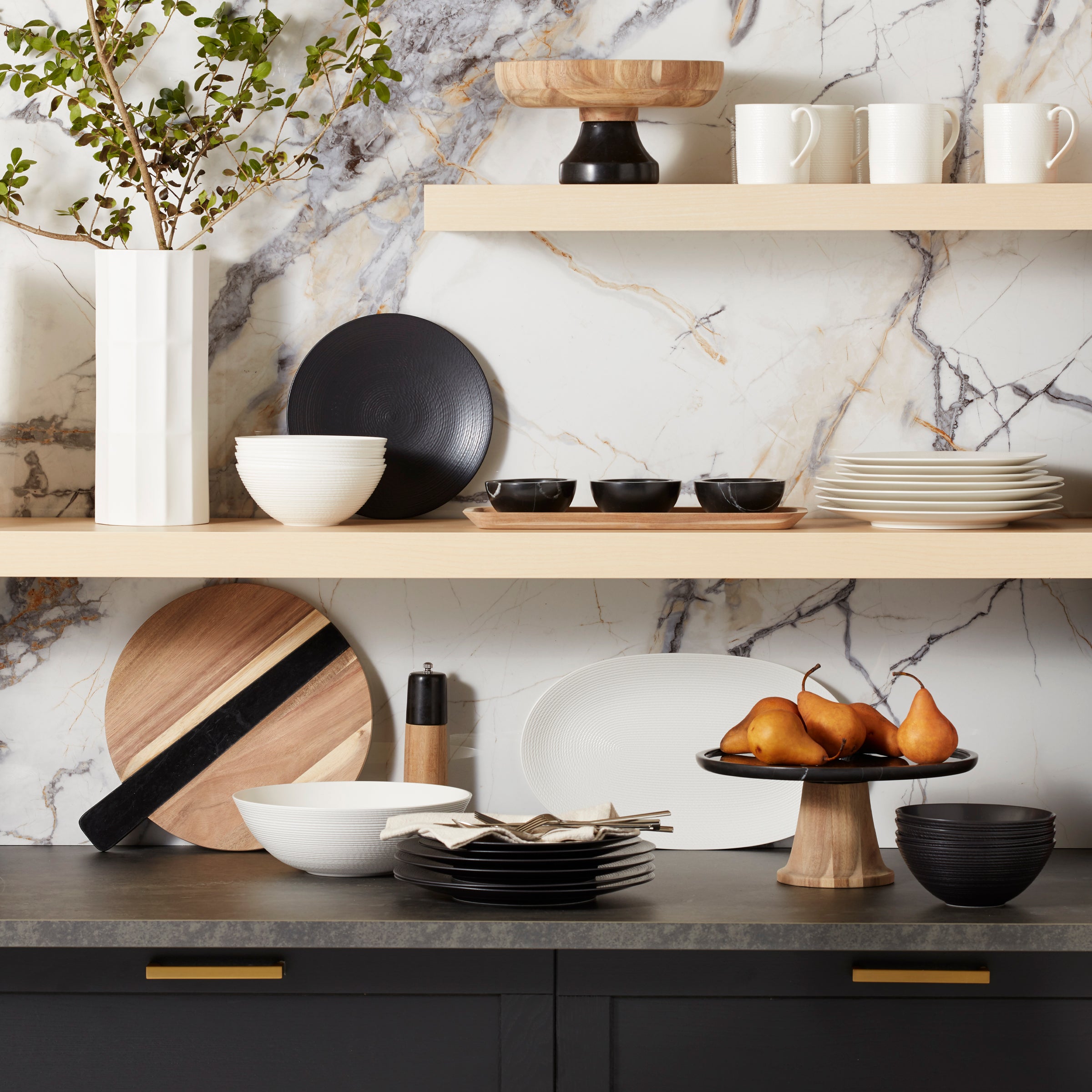 Footed Serving Bowl with Marble Base & Wooden Top | LX Collective