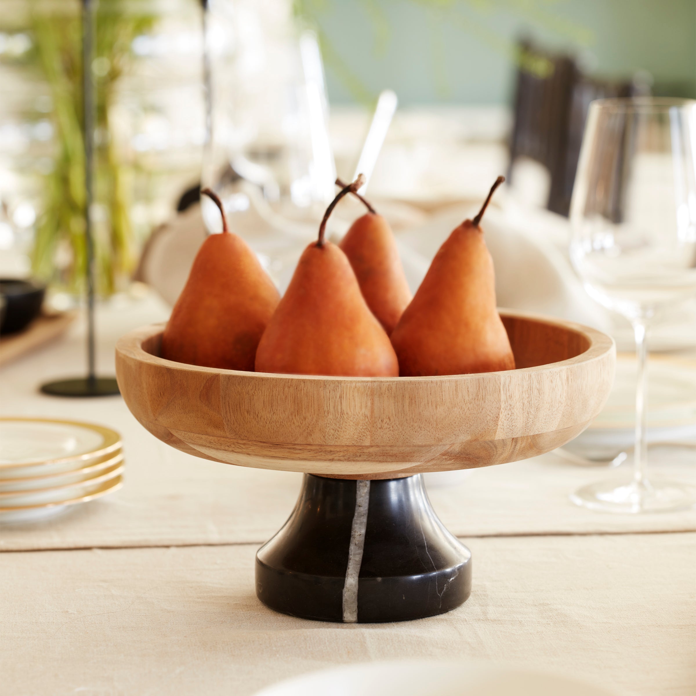 Footed Serving Bowl with Marble Base & Wooden Top | LX Collective