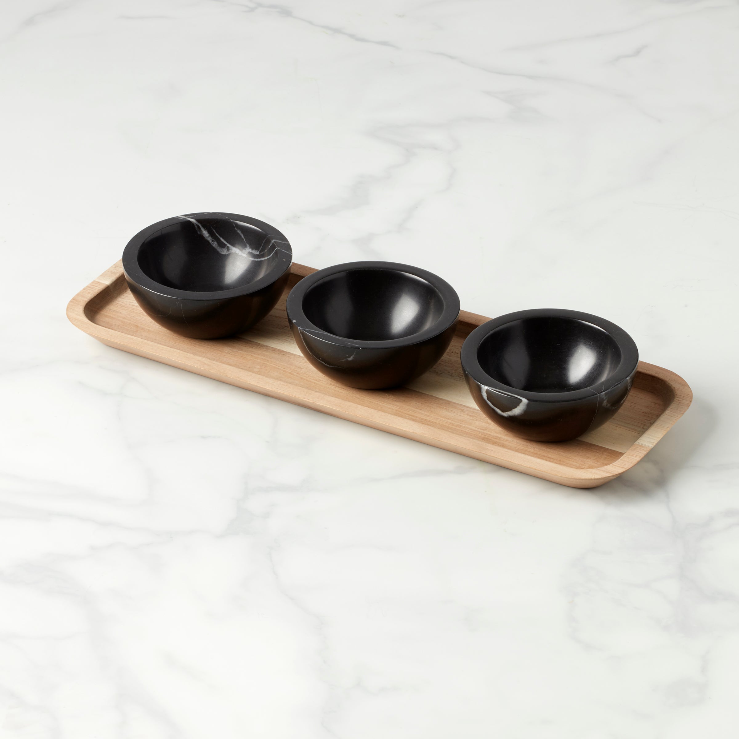 Wooden Serving Tray with 3 Marble Dip Bowls | LX Collective