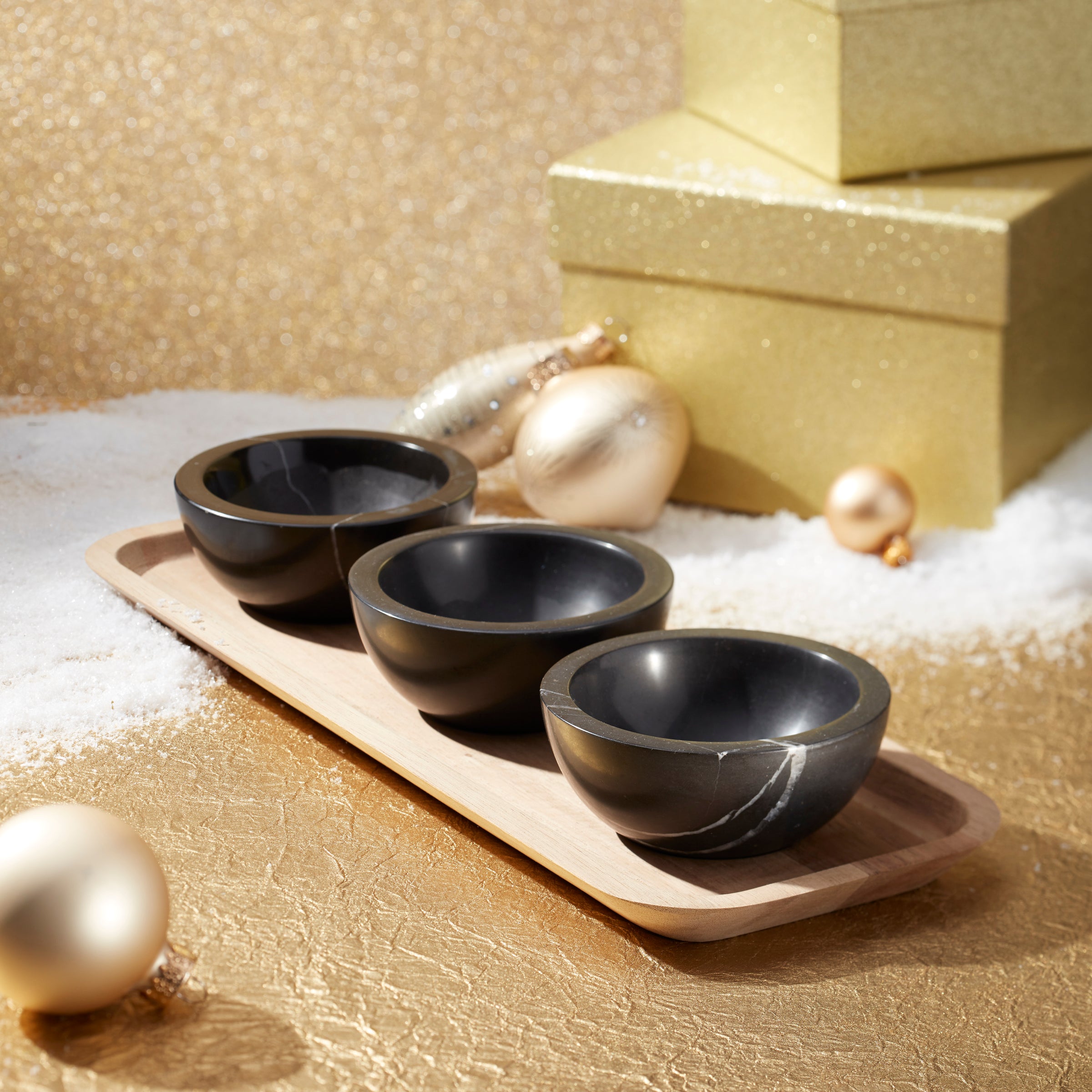 Wooden Serving Tray with 3 Marble Dip Bowls | LX Collective