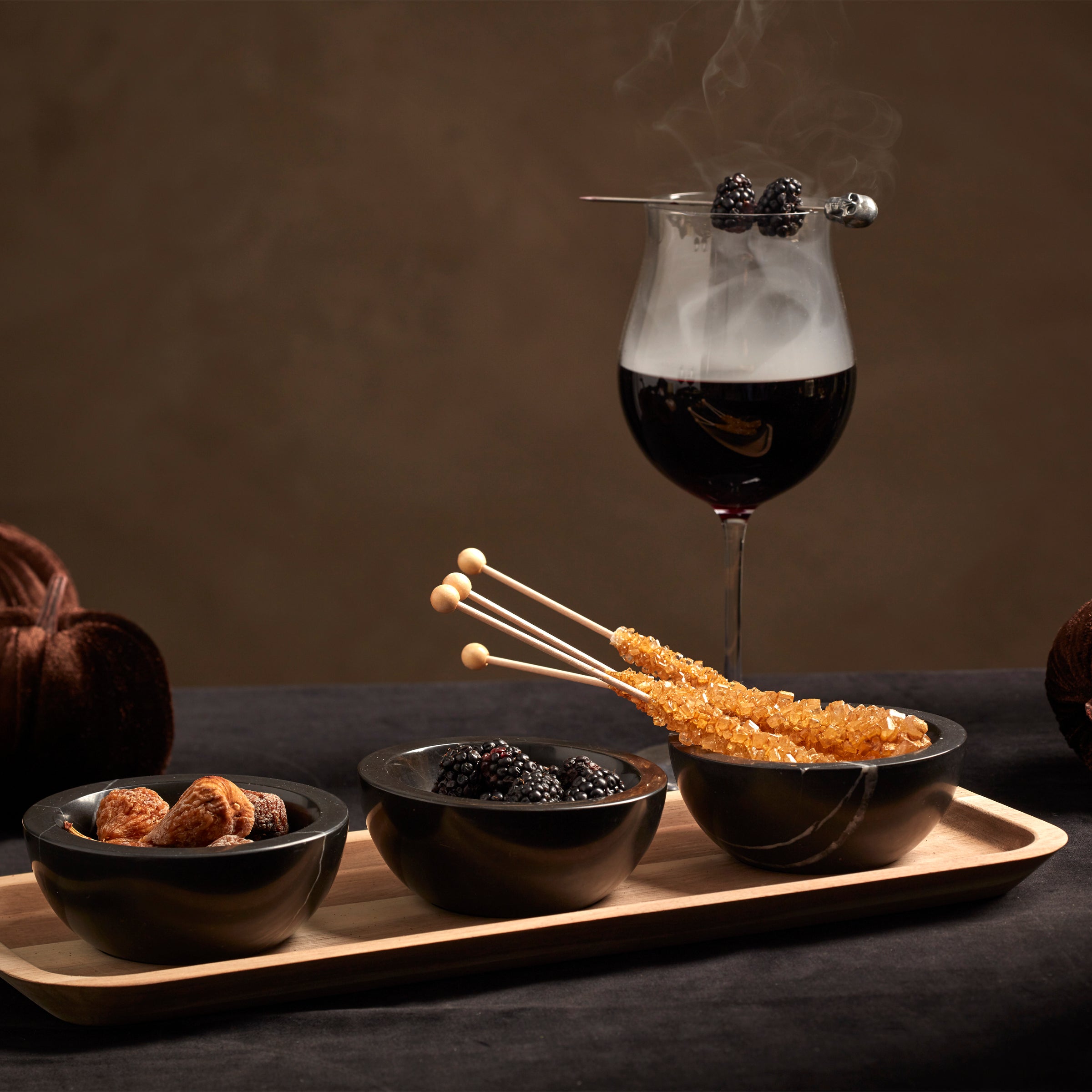 Wooden Serving Tray with 3 Marble Dip Bowls | LX Collective