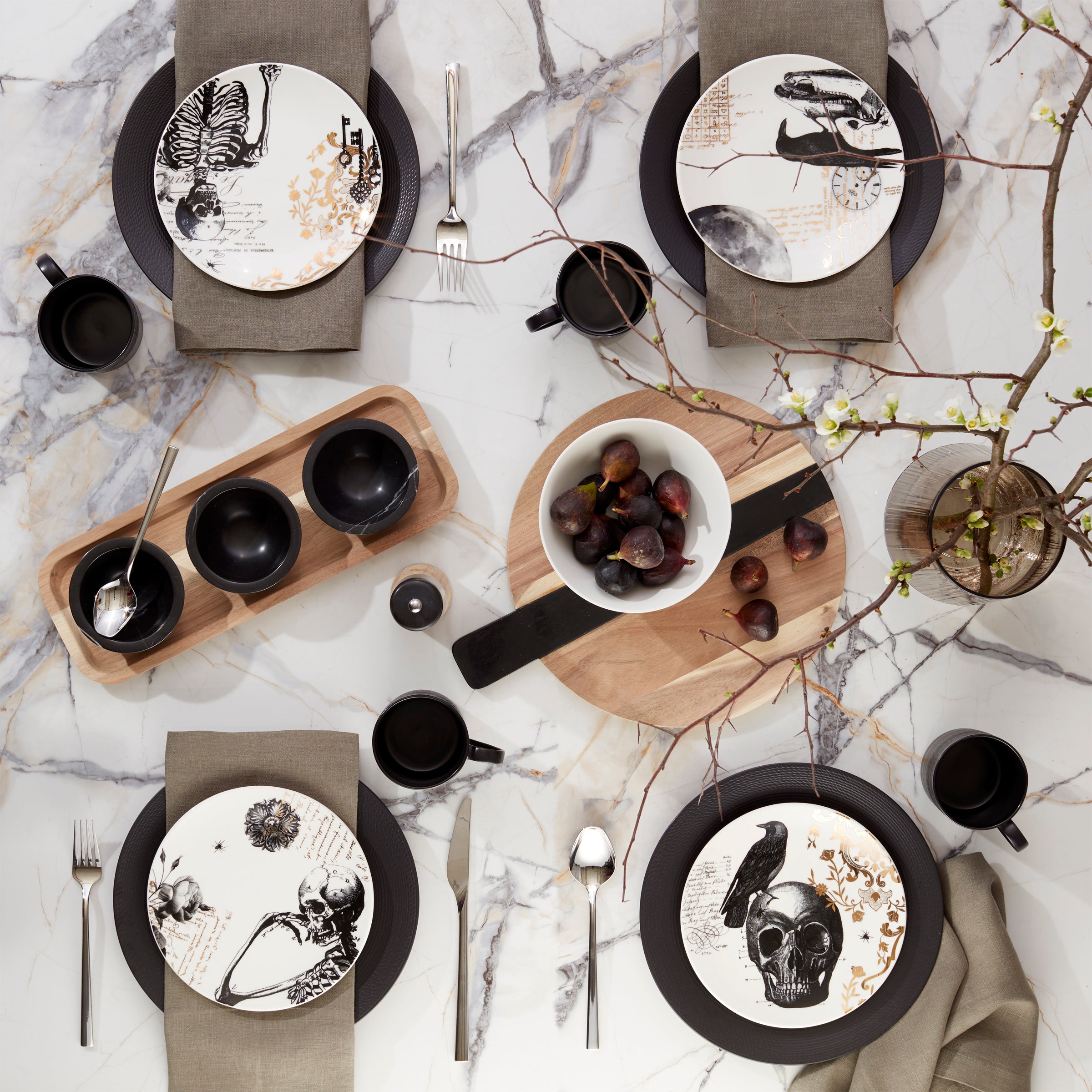 Wooden Serving Tray with 3 Marble Dip Bowls | LX Collective