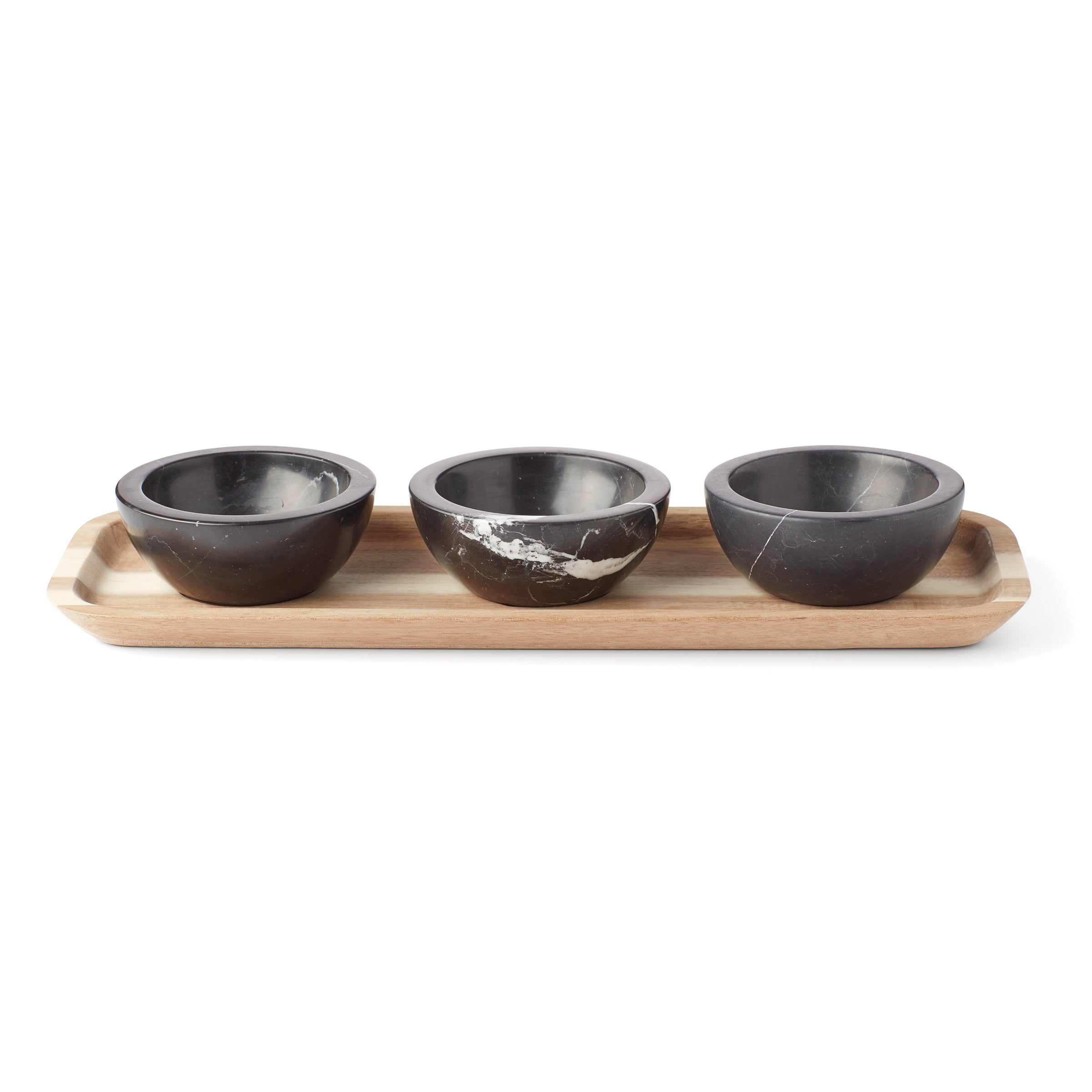 Wooden Serving Tray with 3 Marble Dip Bowls | LX Collective