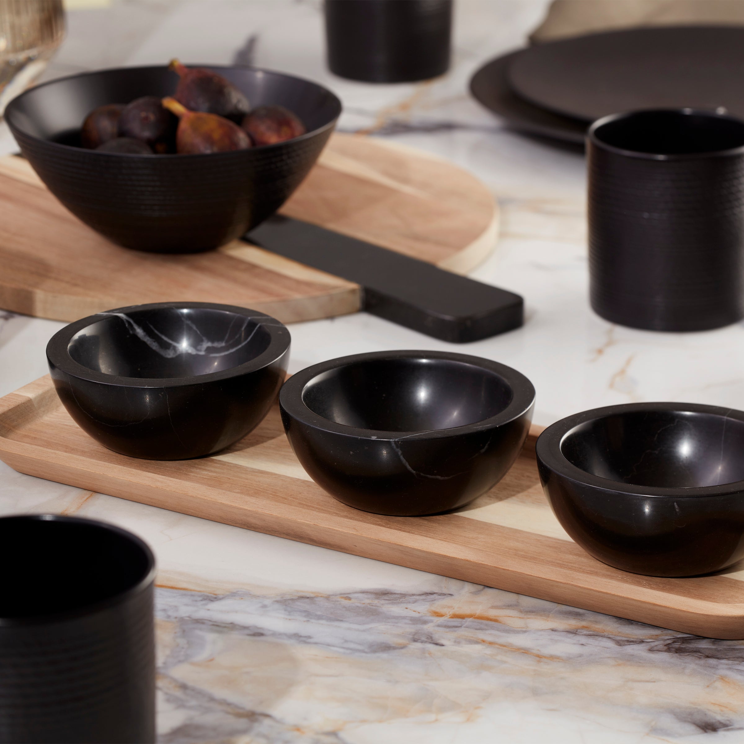 Wooden Serving Tray with 3 Marble Dip Bowls | LX Collective