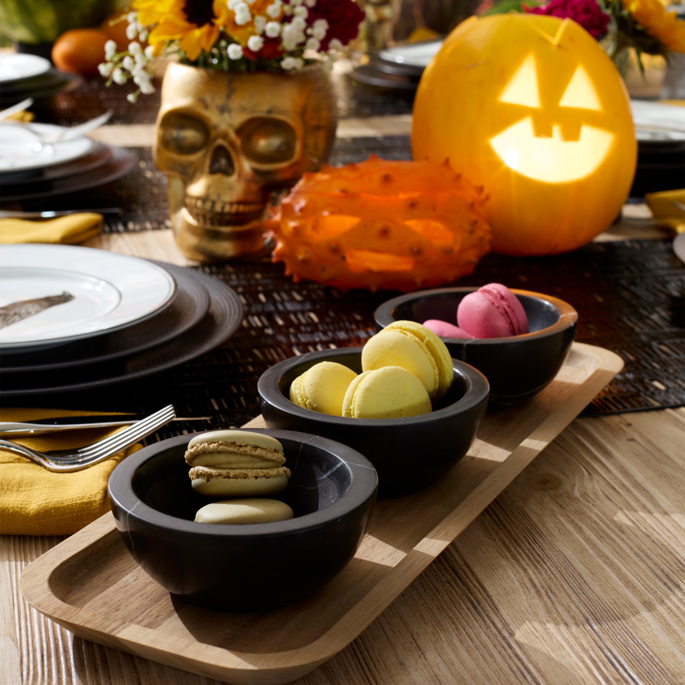 Wooden Serving Tray with 3 Marble Dip Bowls | LX Collective