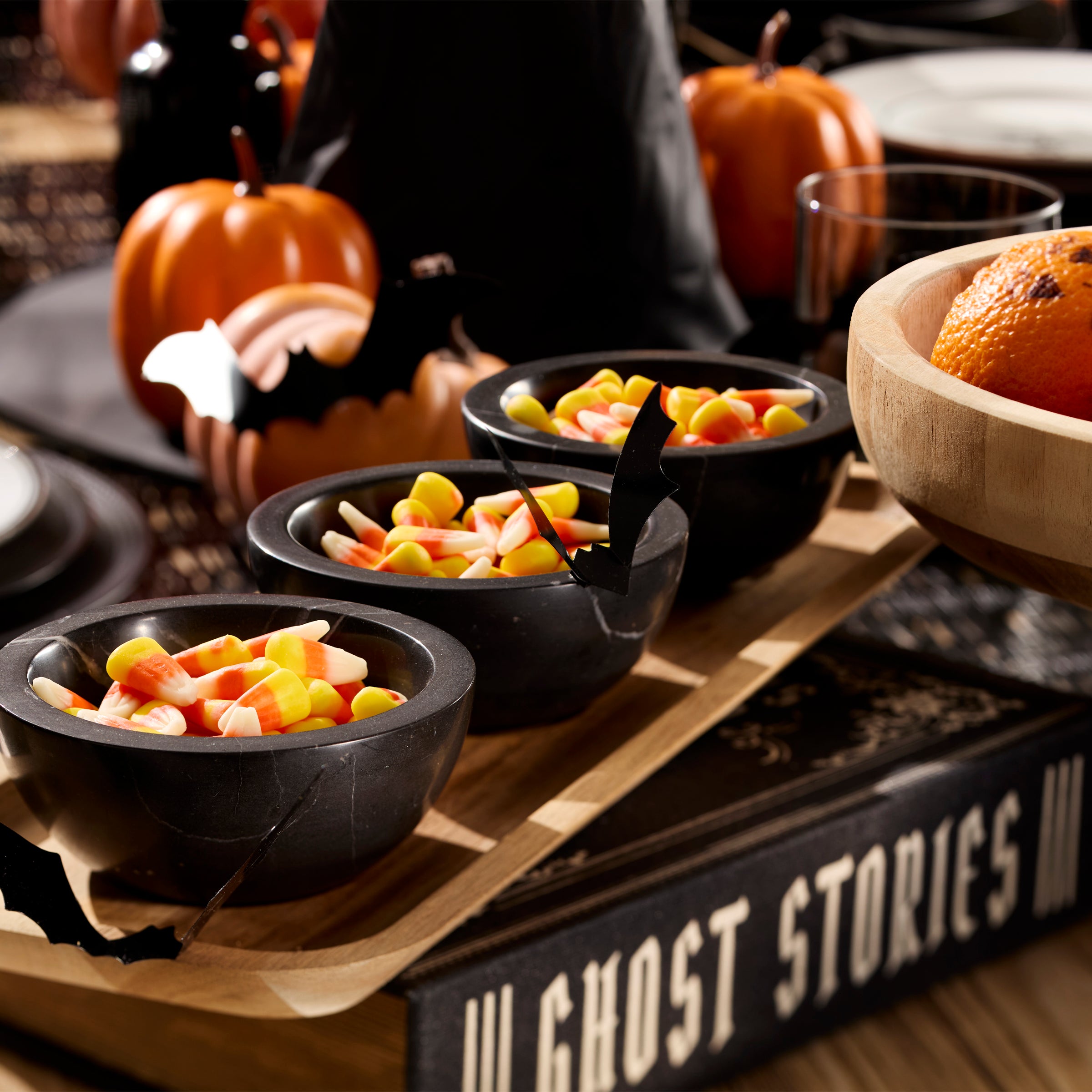 Wooden Serving Tray with 3 Marble Dip Bowls | LX Collective