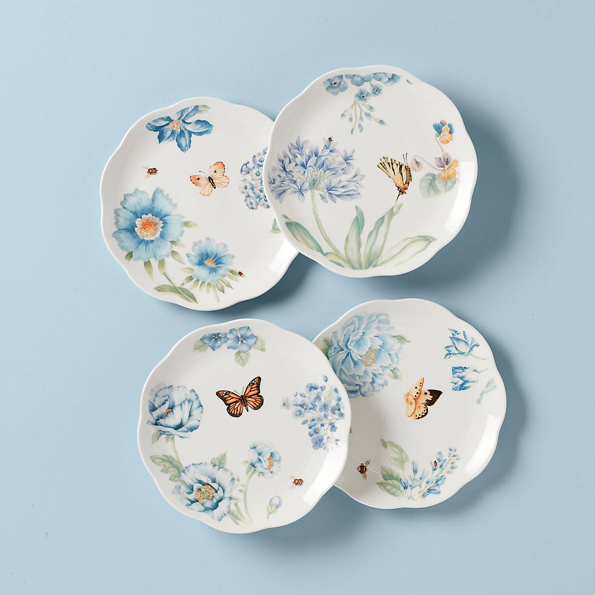 Blue Butterfly Porcelain Dessert Plates - Set of 4 | Microwave Safe