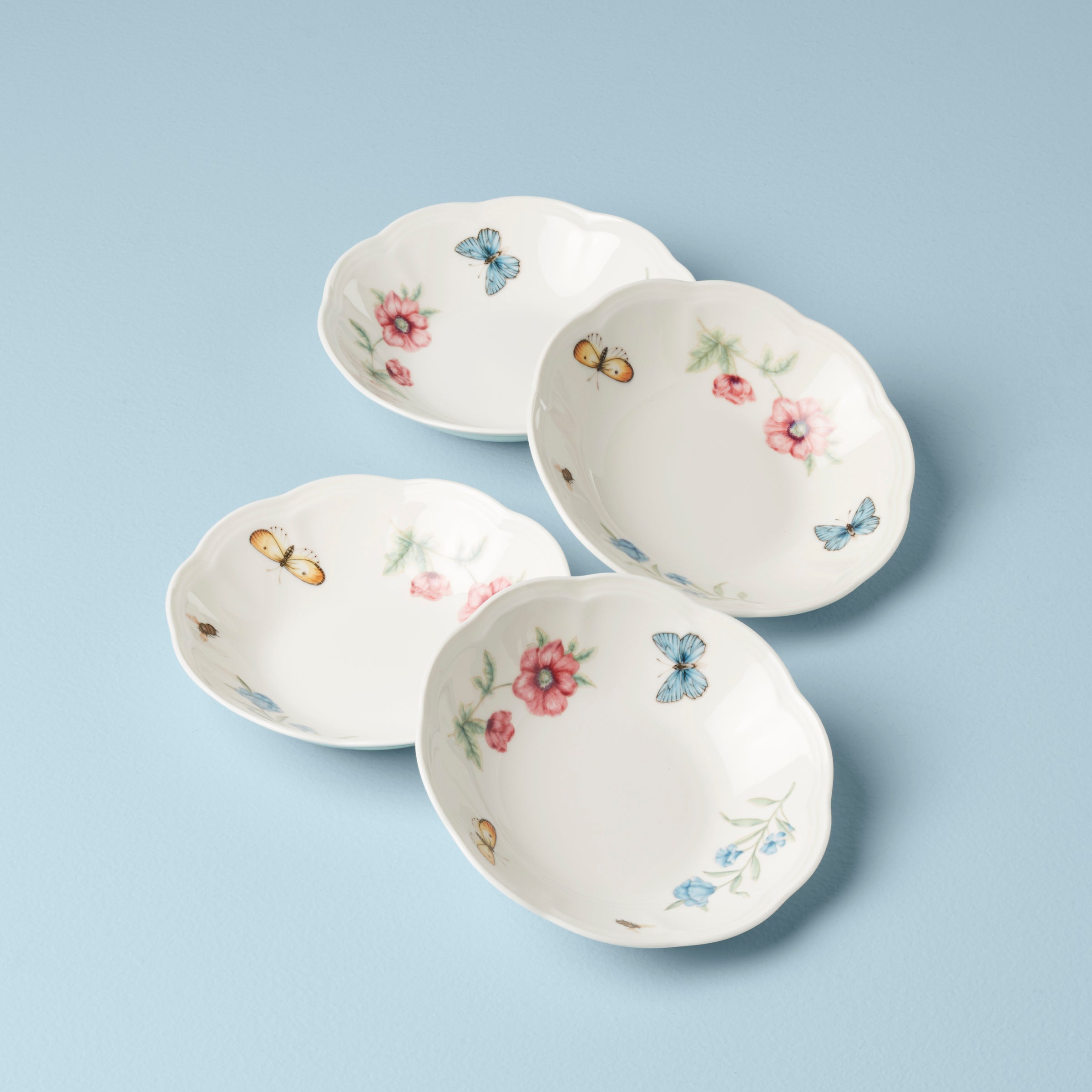 Porcelain Fruit Bowls Set of 4 with Floral & Butterfly Design | Butterfly Meadow