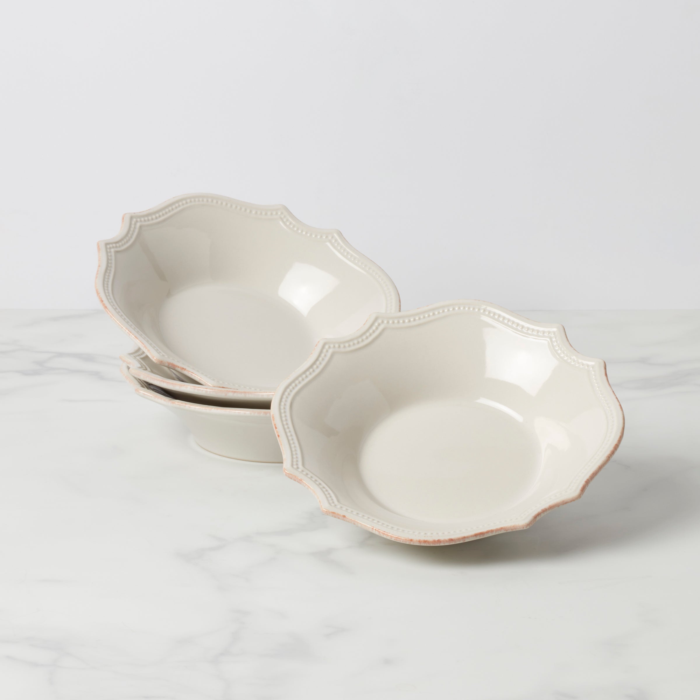 Ceramic Pasta Bowls Set of 4 with Scalloped Edge | French Perle