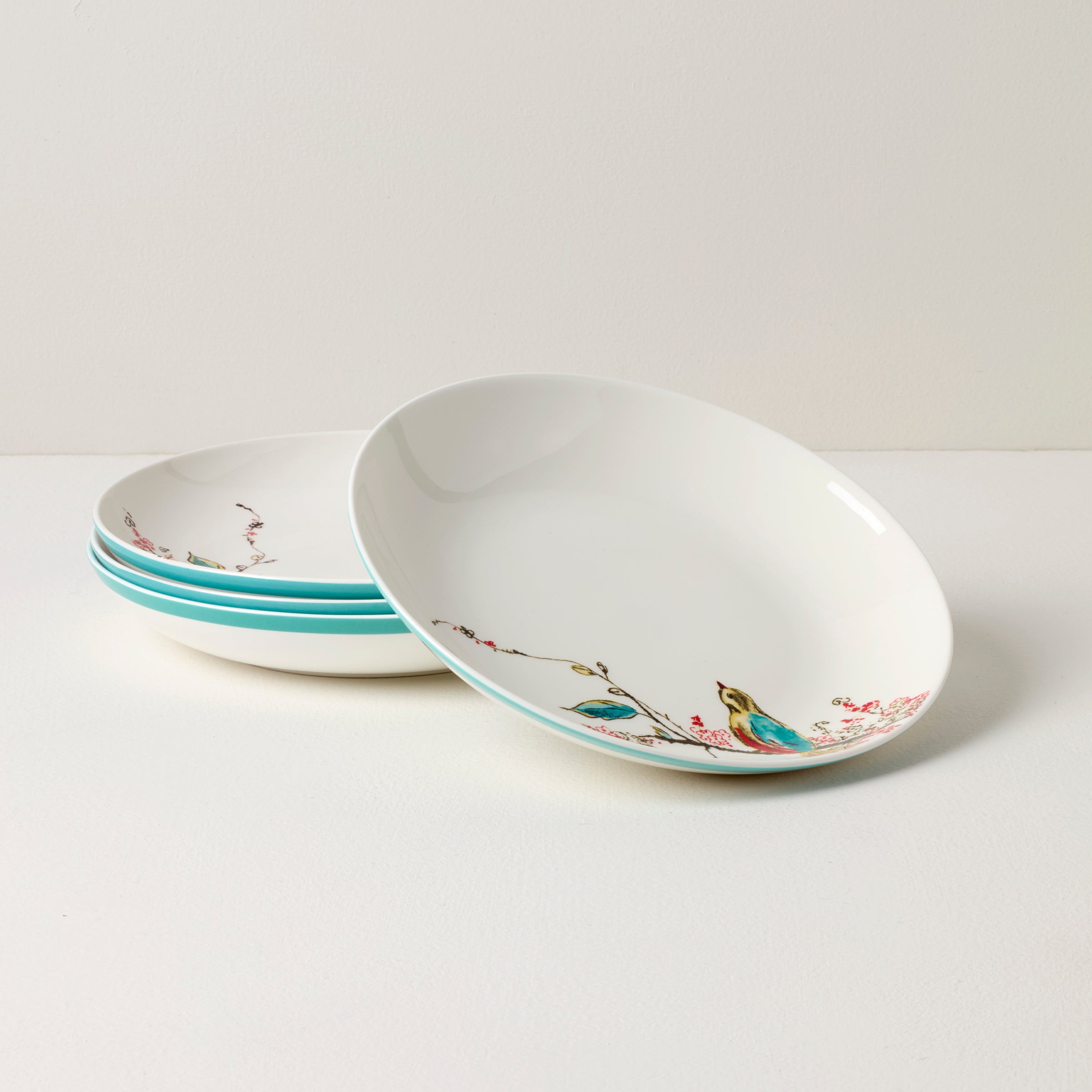 Porcelain Pasta Bowls Set of 4 with Floral & Bird Design | Chirp