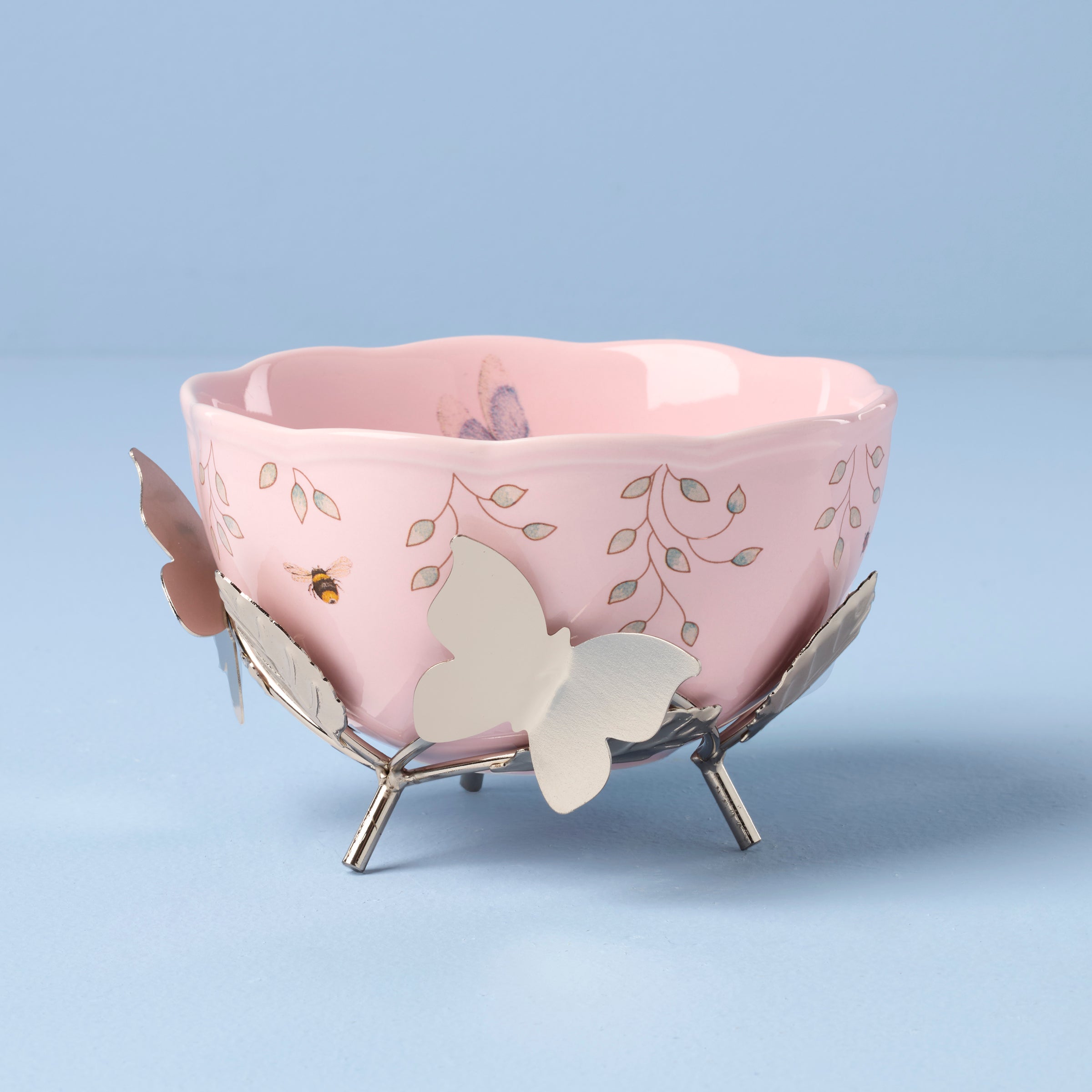Porcelain Butterfly Meadow Bowl & Stand Set | Scallop Detail