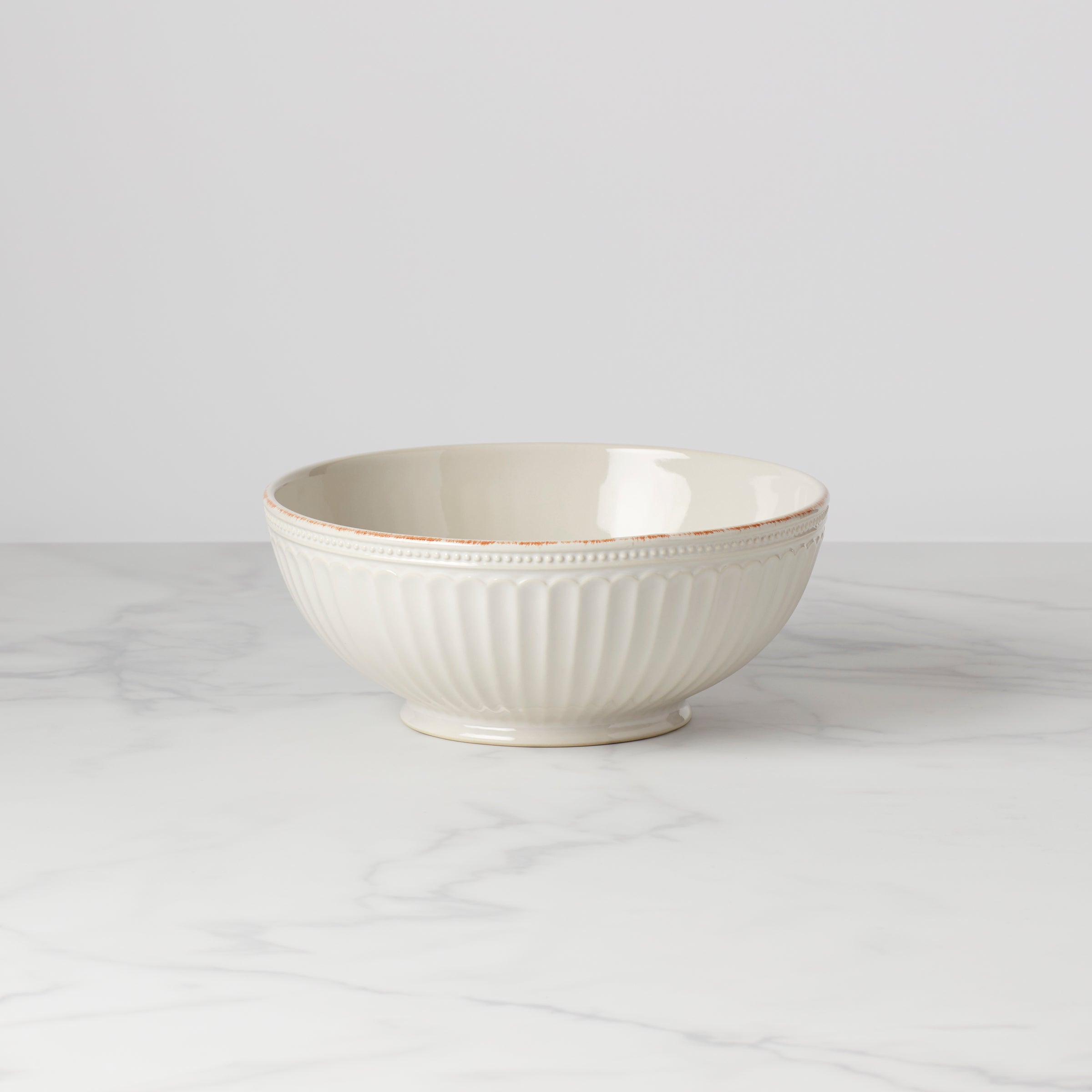 White Ceramic Serving Bowl with Grooved Pattern | French Perle