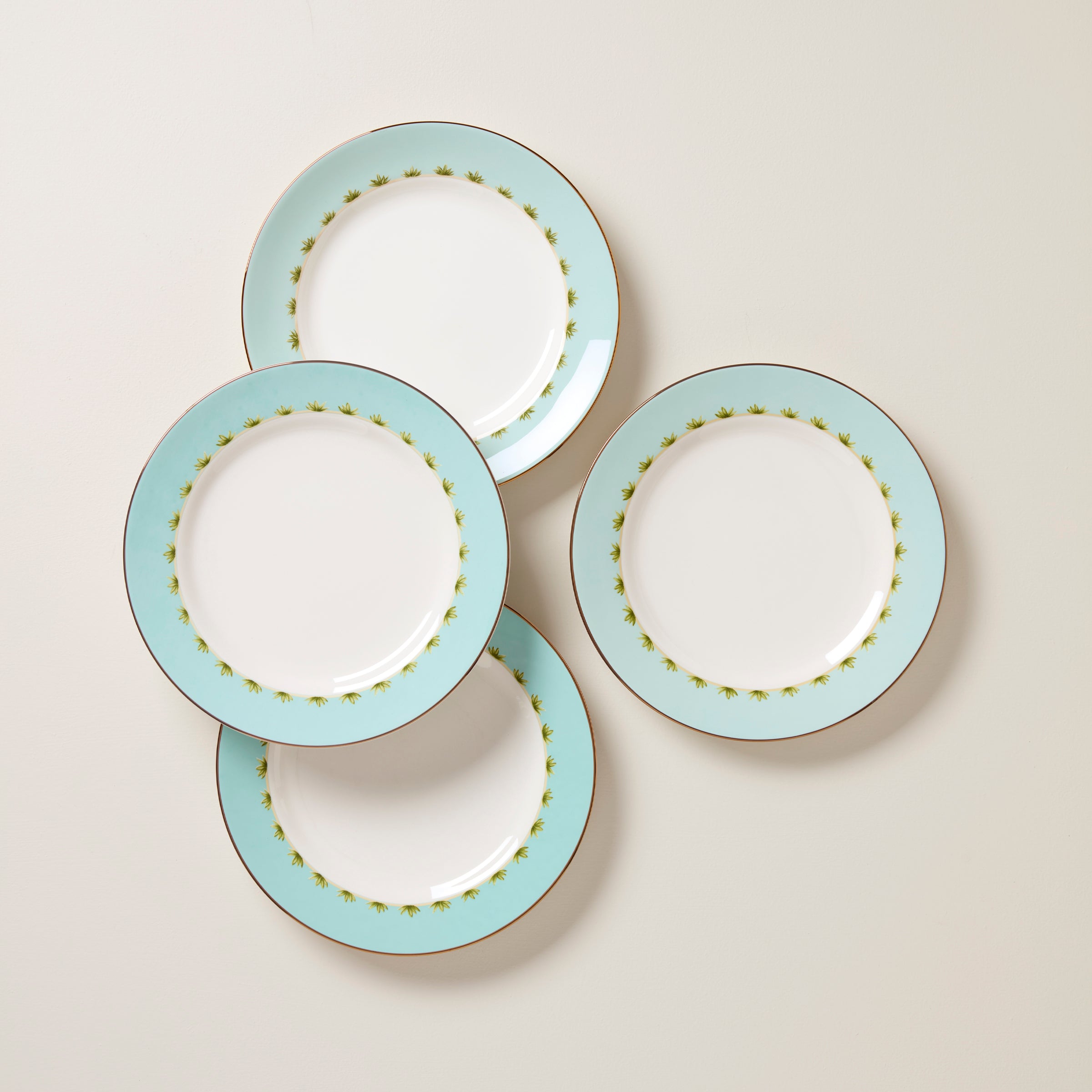 Porcelain Dinner Plates with Gold Trim & Palm Design | British Colonial Set of 4