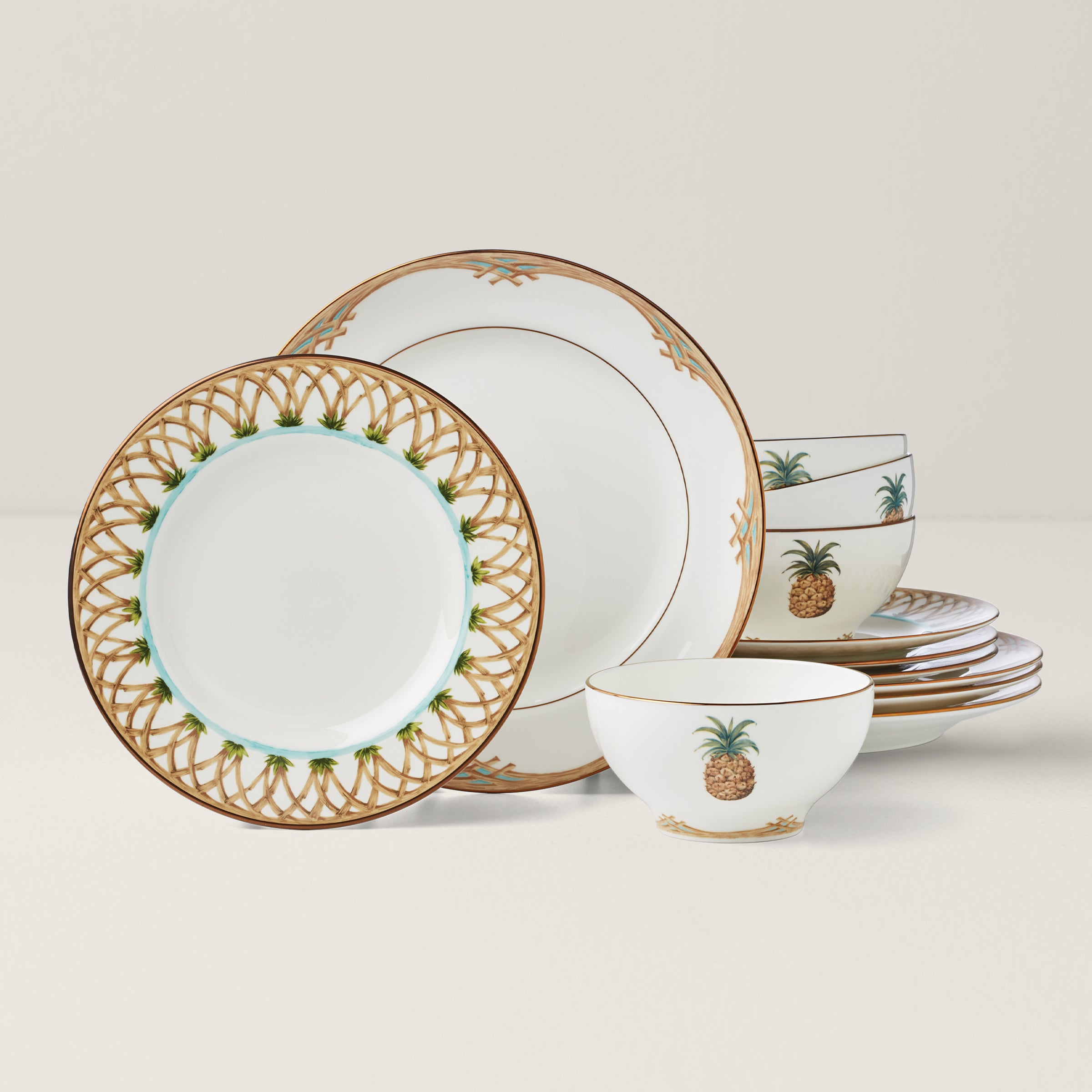 British Colonial Bamboo Dinnerware Set 12-Piece | Tropical Pineapple Design