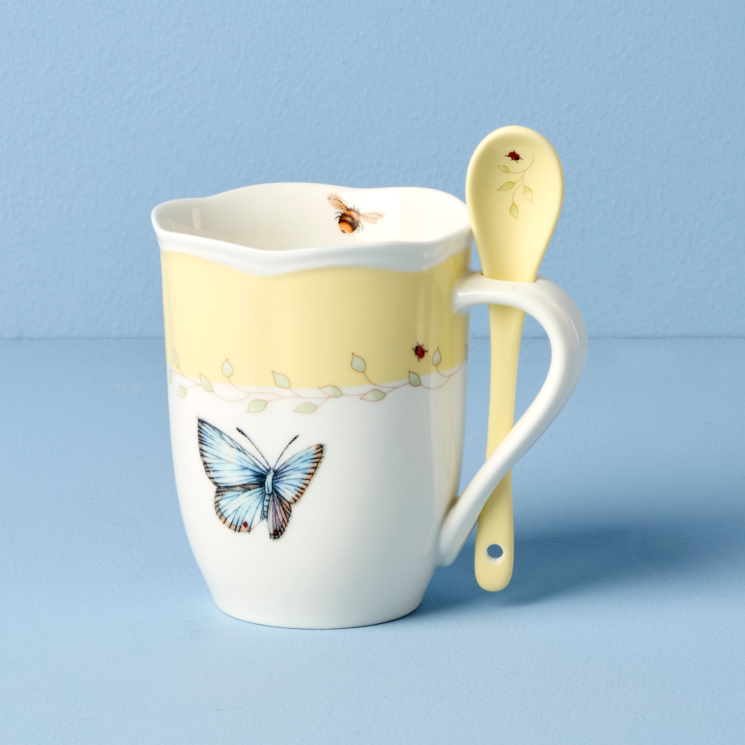 Butterfly Meadow Yellow Mug & Spoon Set - 2 Piece Pastel Tableware