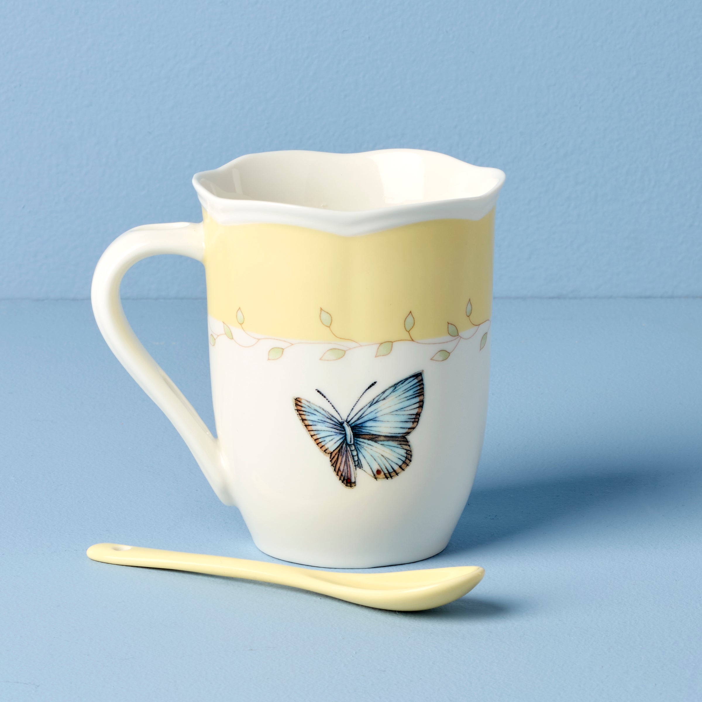 Butterfly Meadow Yellow Mug & Spoon Set - 2 Piece Pastel Tableware