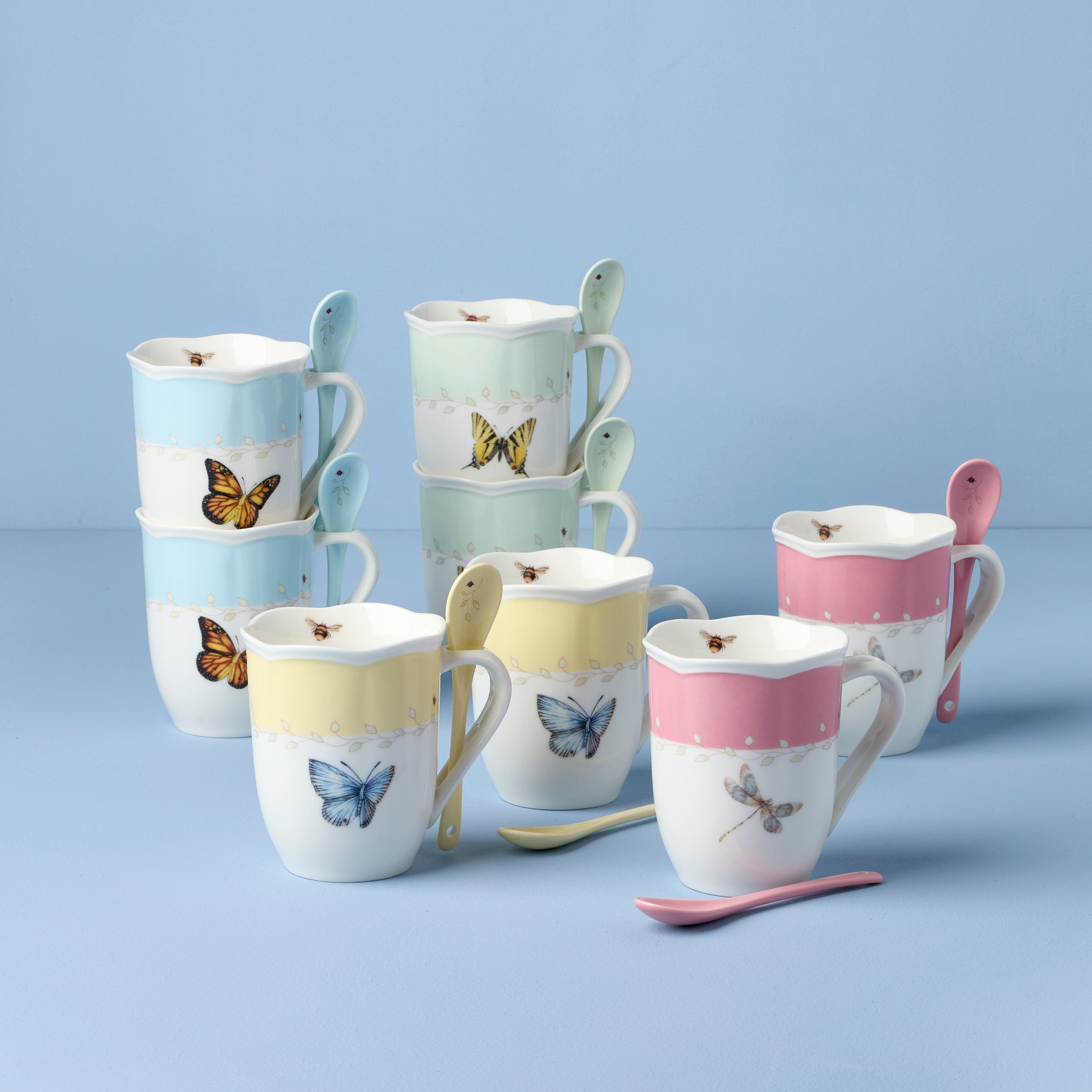 Butterfly Meadow Pastel Color Mugs with Spoons - Set of 8