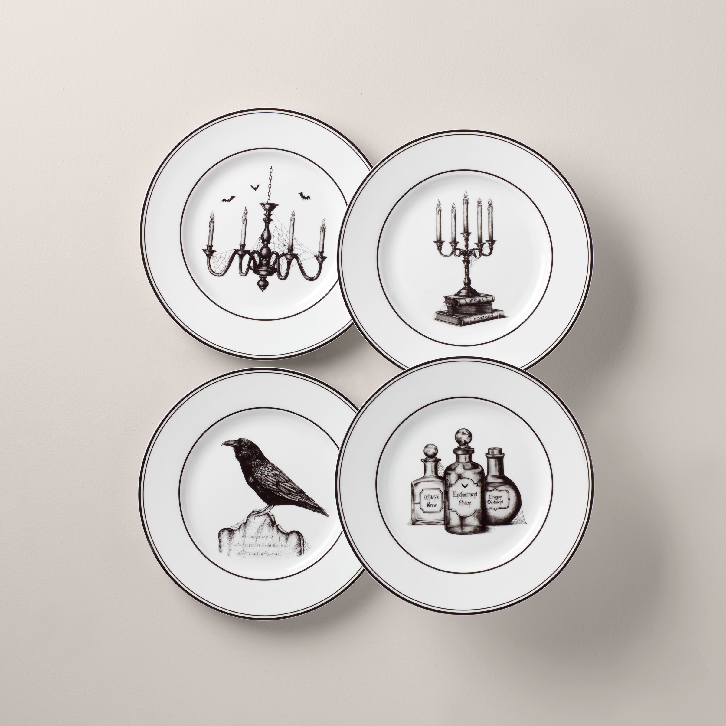 Vintage Halloween Porcelain Dessert Plates - Set of 4 with Hand-Drawn Art