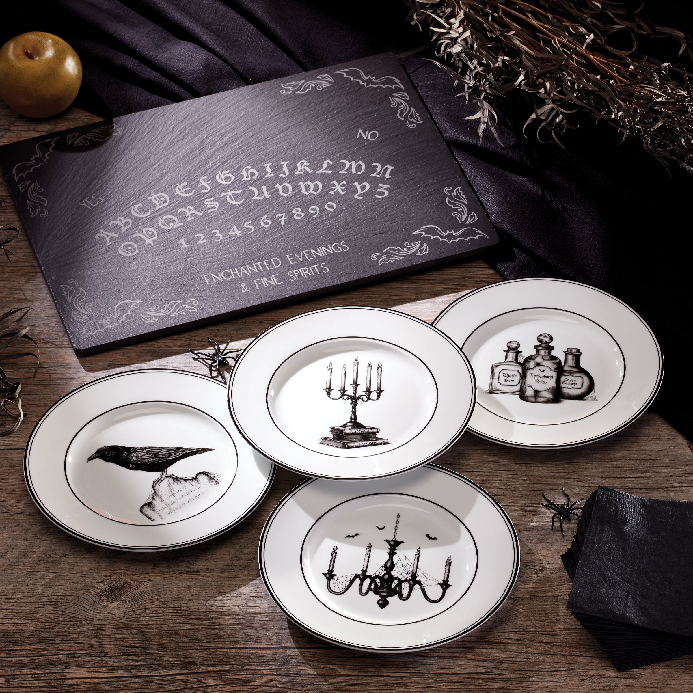 Vintage Halloween Porcelain Dessert Plates - Set of 4 with Hand-Drawn Art