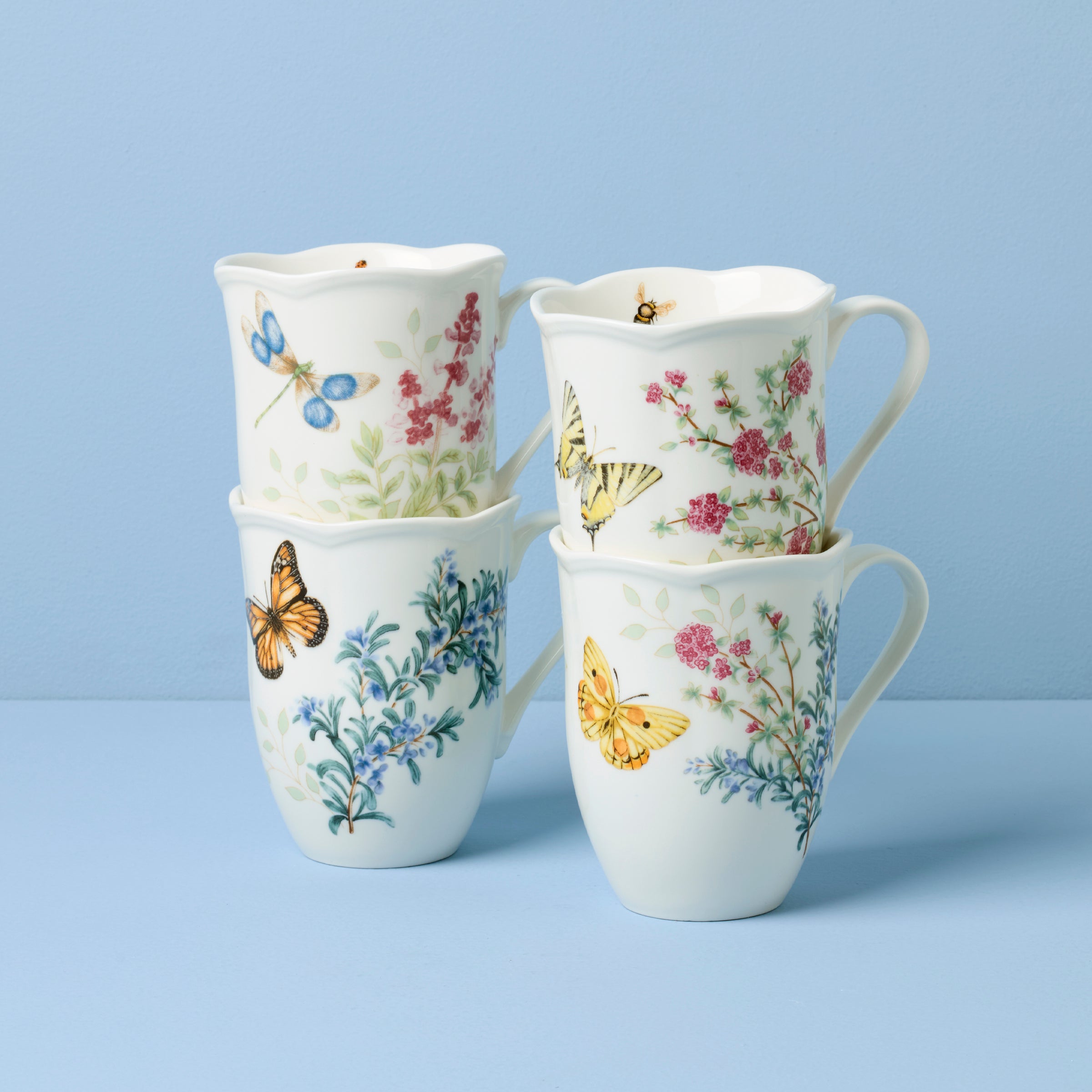 Butterfly Meadow Herbs Mugs - Set of 4 Floral Design | Kitchen & Dining