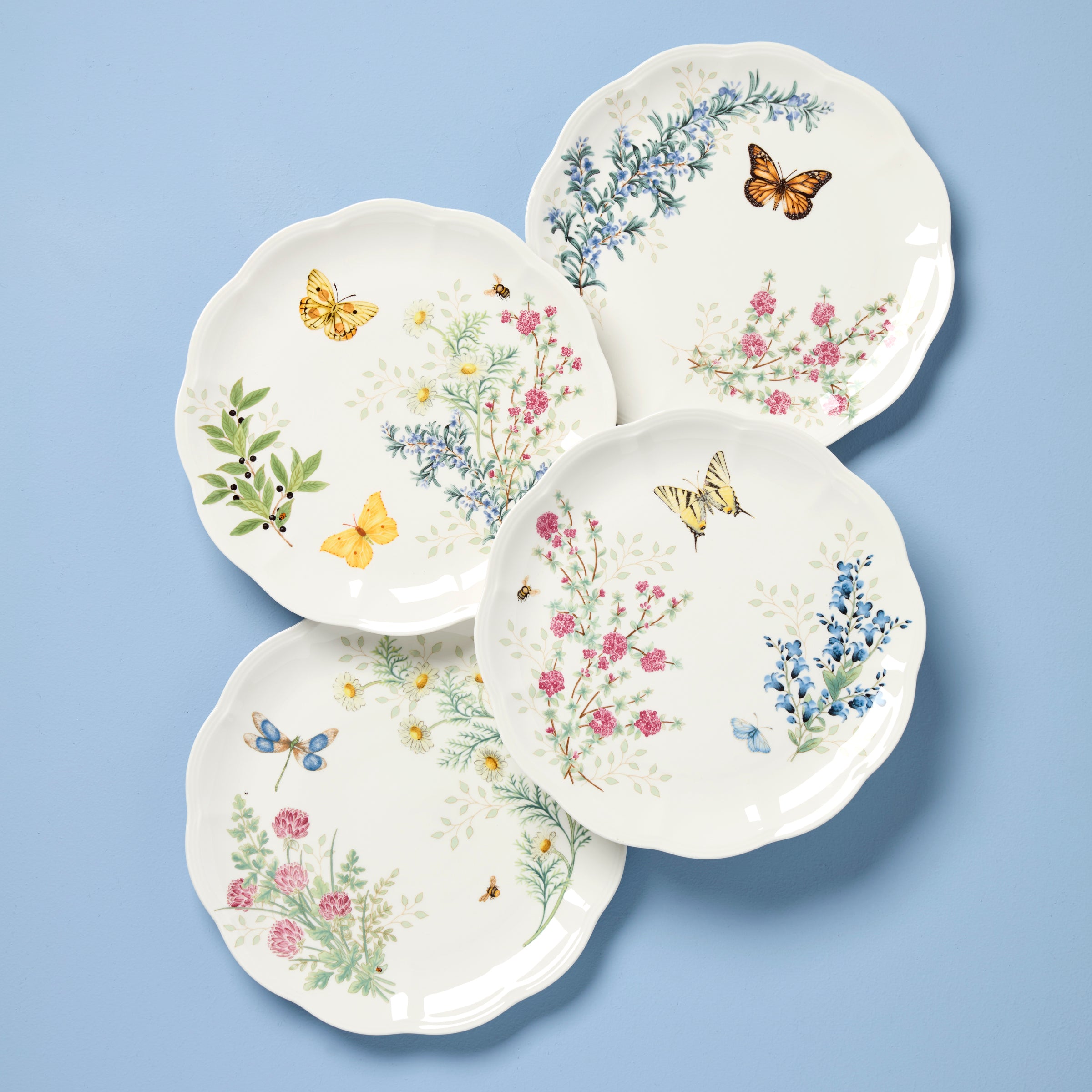 Butterfly Meadow Herbs Dinner Plates Set of 4 | Floral Design