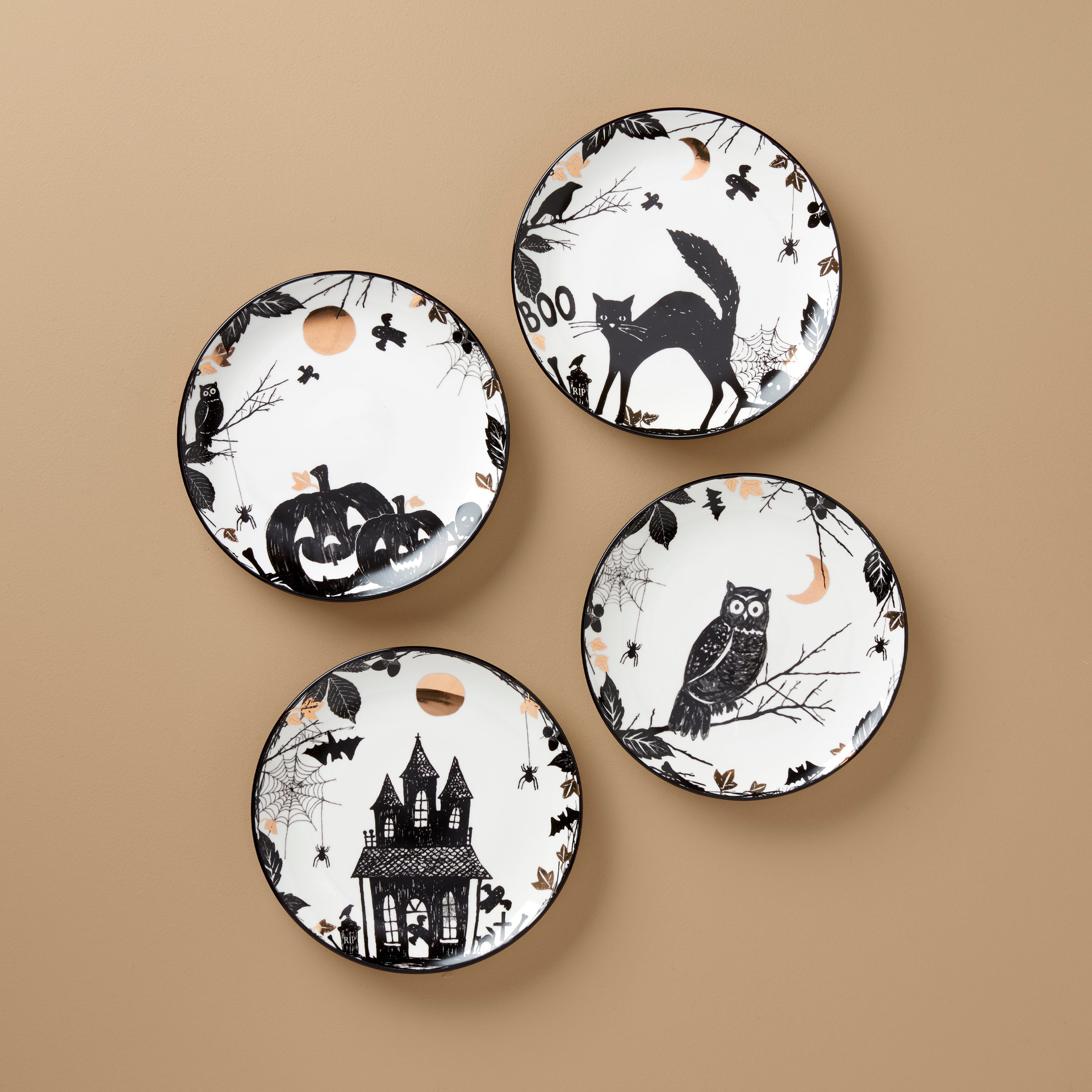 Vintage Halloween Plates - Set of 4 Haunted House Designs
