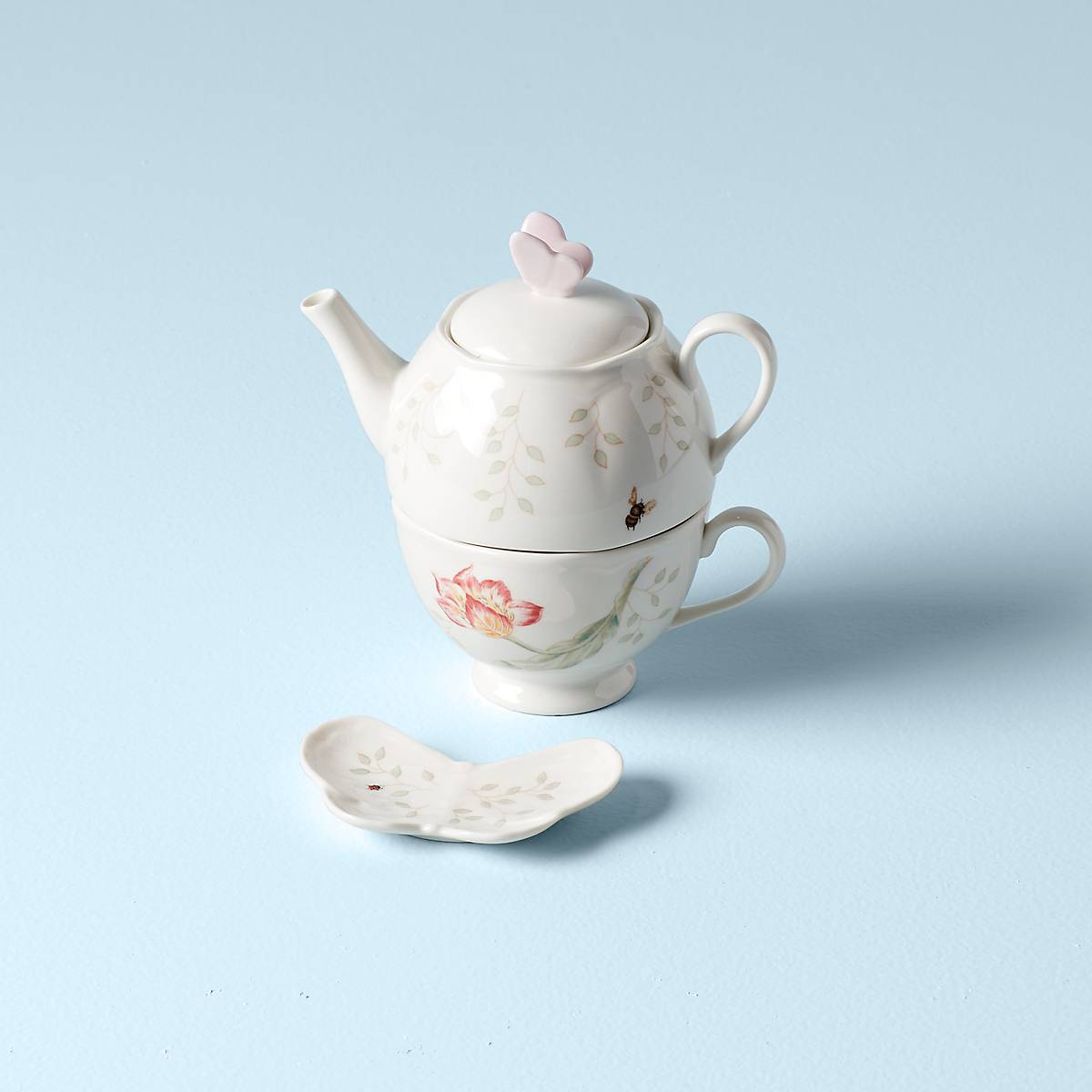 Porcelain Butterfly Meadow Tea Set with Stacked Design | 3-Piece