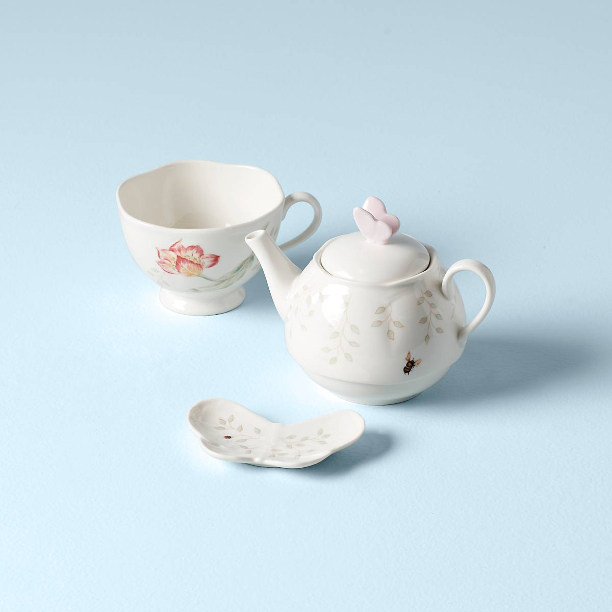 Porcelain Butterfly Meadow Tea Set with Stacked Design | 3-Piece