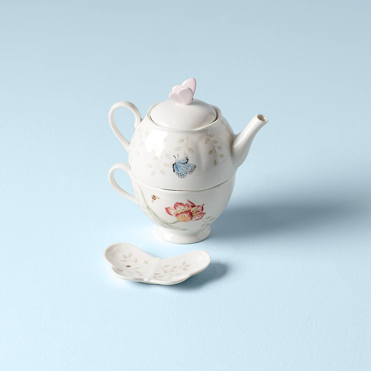 Porcelain Butterfly Meadow Tea Set with Stacked Design | 3-Piece