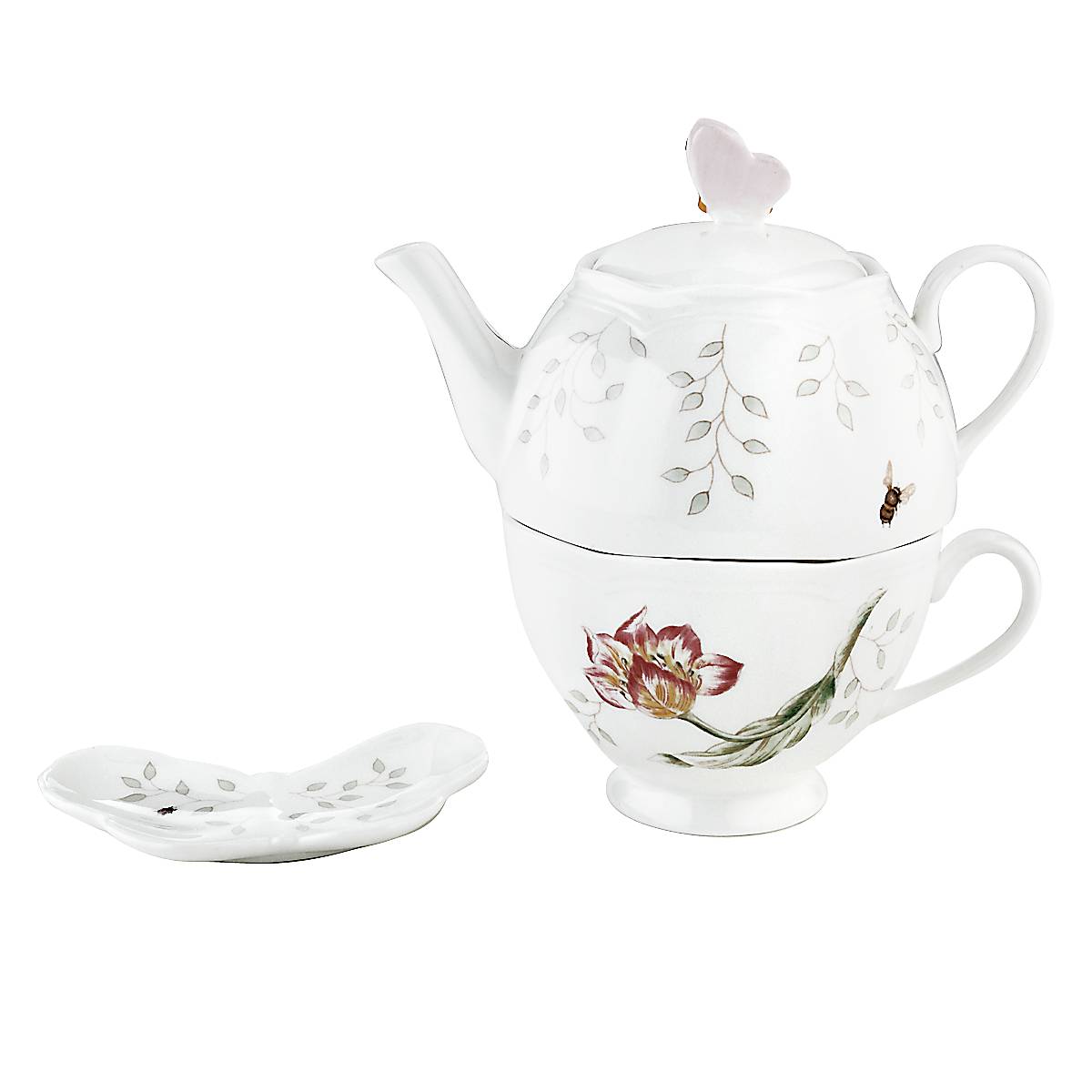 Porcelain Butterfly Meadow Tea Set with Stacked Design | 3-Piece