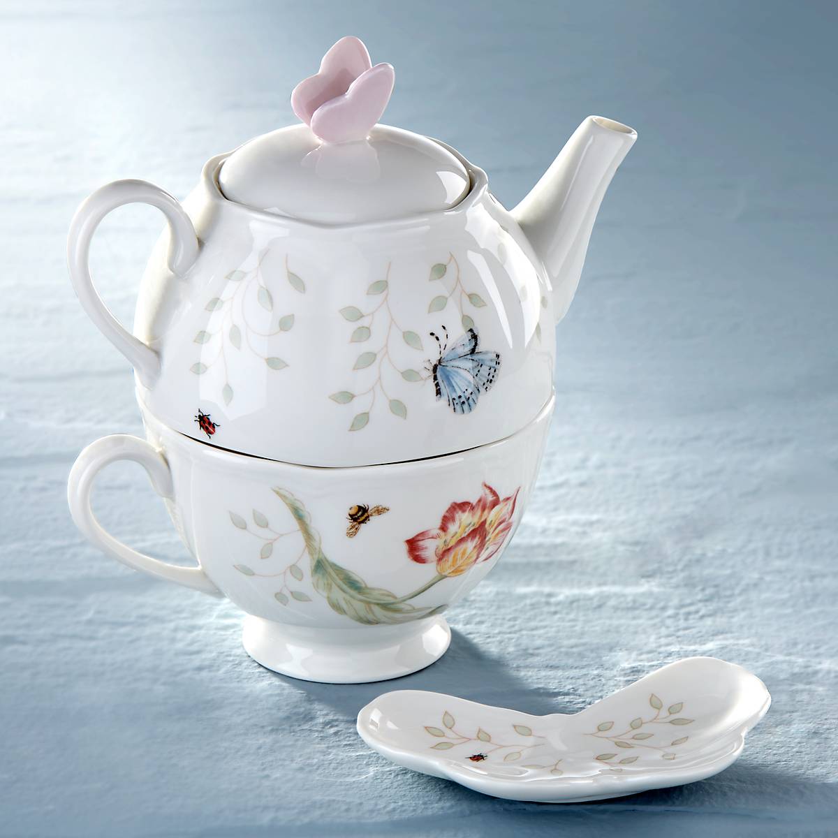 Porcelain Butterfly Meadow Tea Set with Stacked Design | 3-Piece