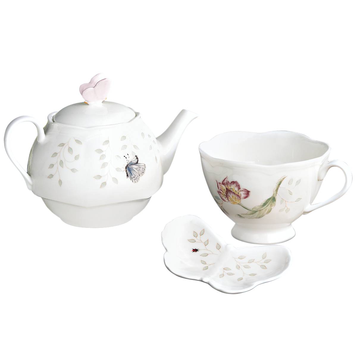 Porcelain Butterfly Meadow Tea Set with Stacked Design | 3-Piece
