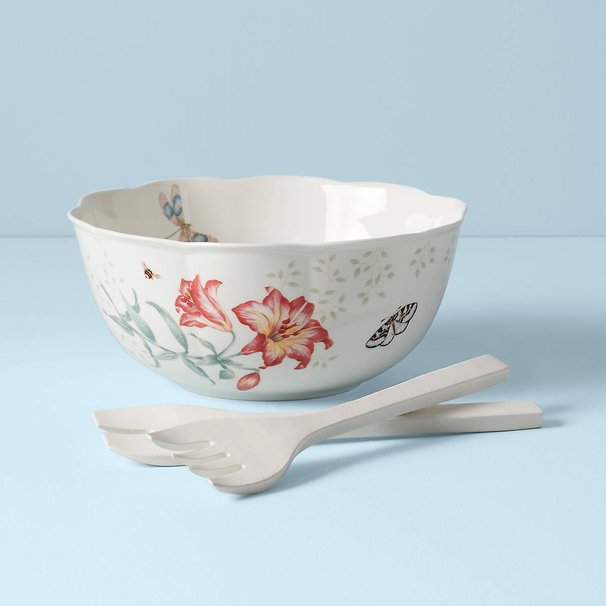 Porcelain Salad Bowl with Wooden Servers | Butterfly Meadow Design