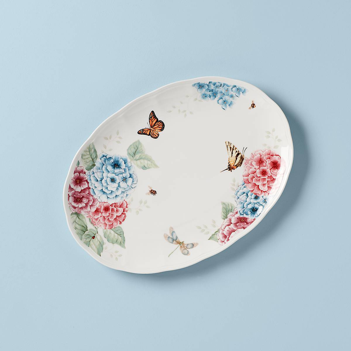 Ceramic Hydrangea Oval Serving Platter | Butterfly Meadow Design
